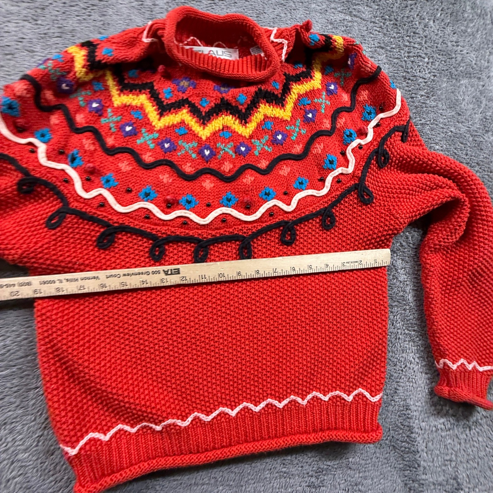 Chaus Knit Sweater Womens S Red Excellent Vintage Embroidered Holiday Chunky