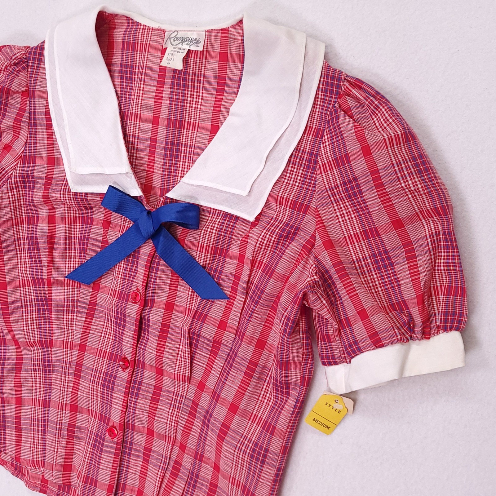Romance of California Vintage Red Plaid Sailor Collar Blouse Blue Bow Medium