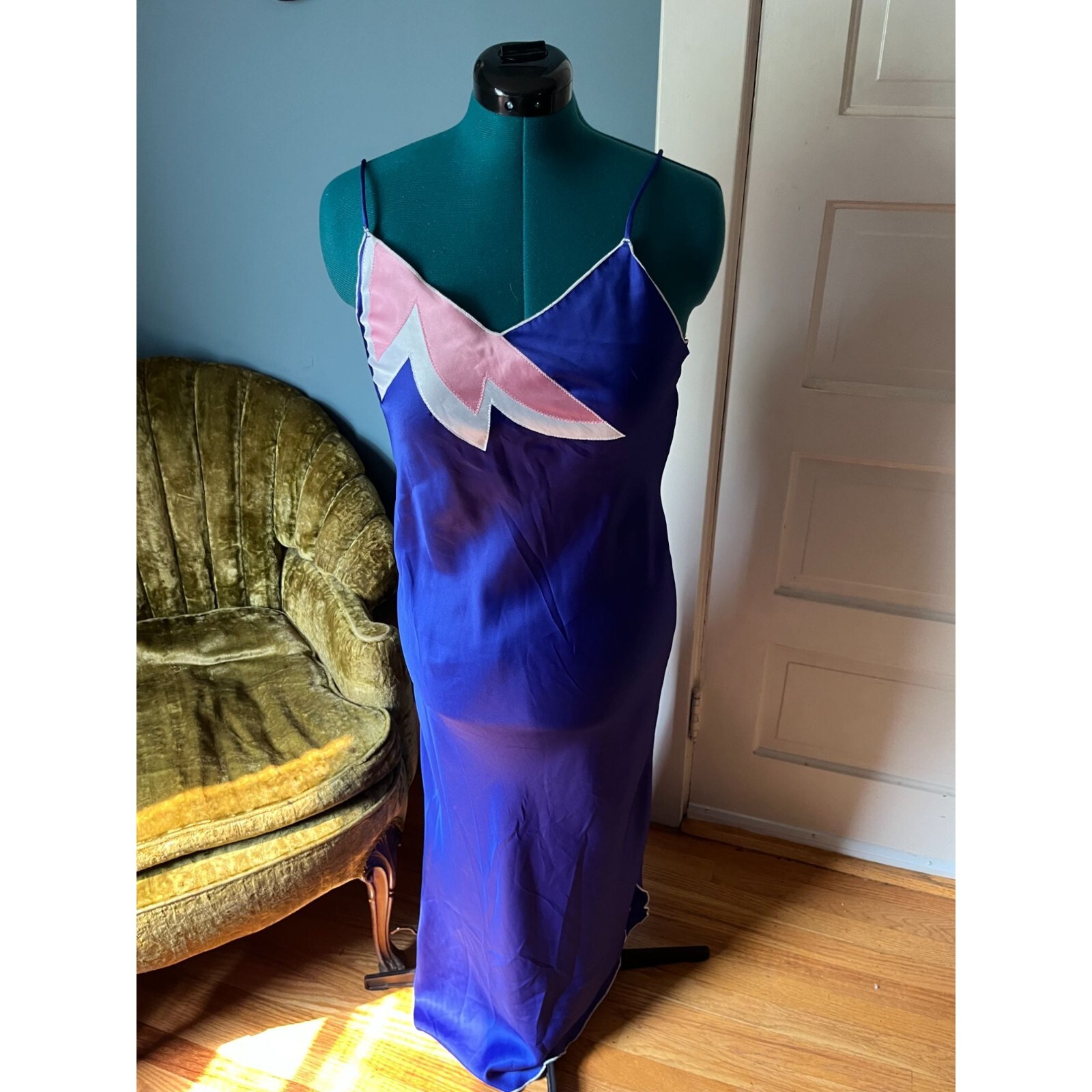 80s Strappy + Sexy Royal Blue Long Maxi Nightgown with Pink + White Neckline Des