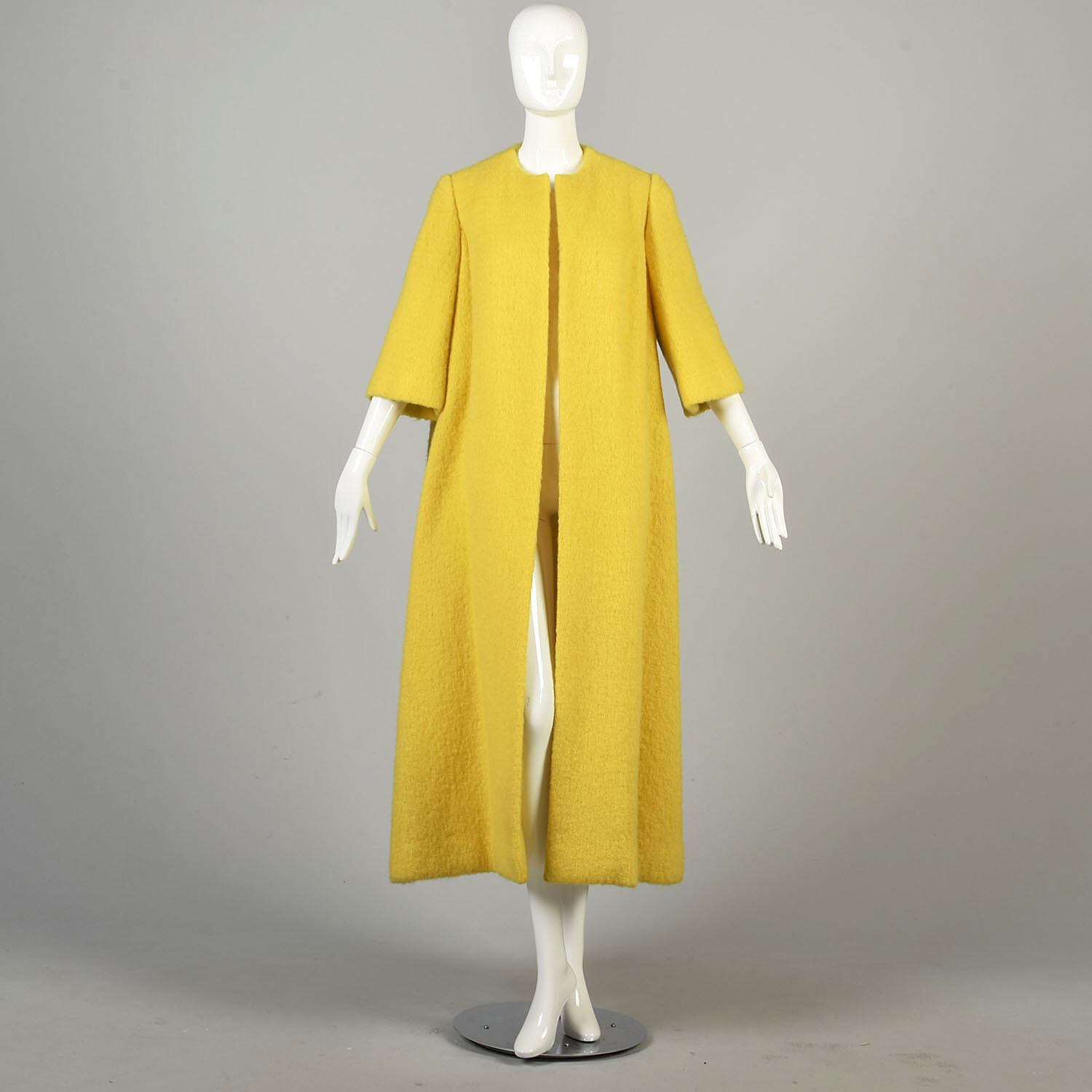 Large 1960s Bright Yellow Mohair Bracelet Sleeve Maxi Clutch Mod Monochrome Coat