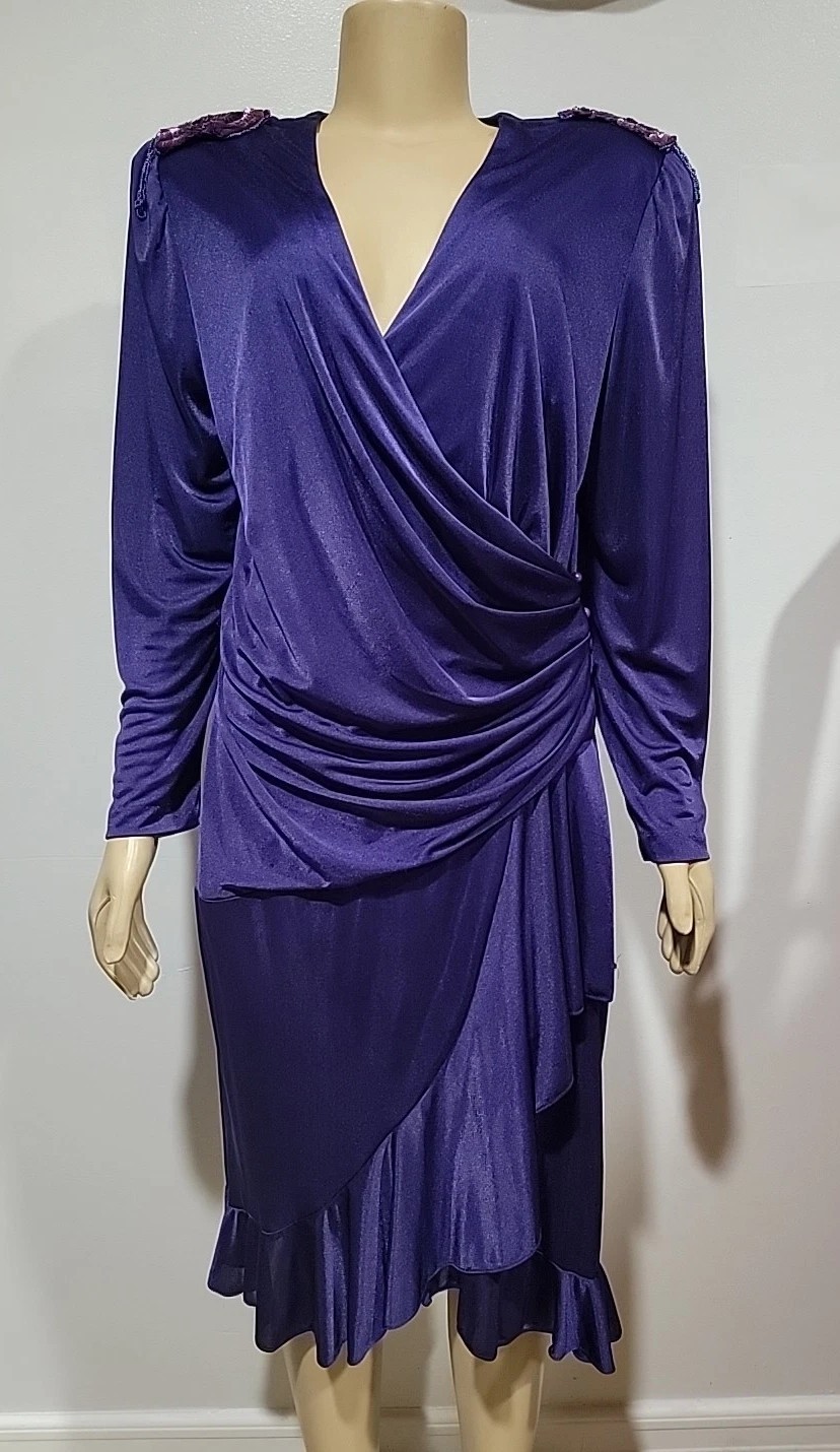 David Rose Vintage 14 Purple Wrap Ruffled Embellished Shoulder Women’s Dress #CC