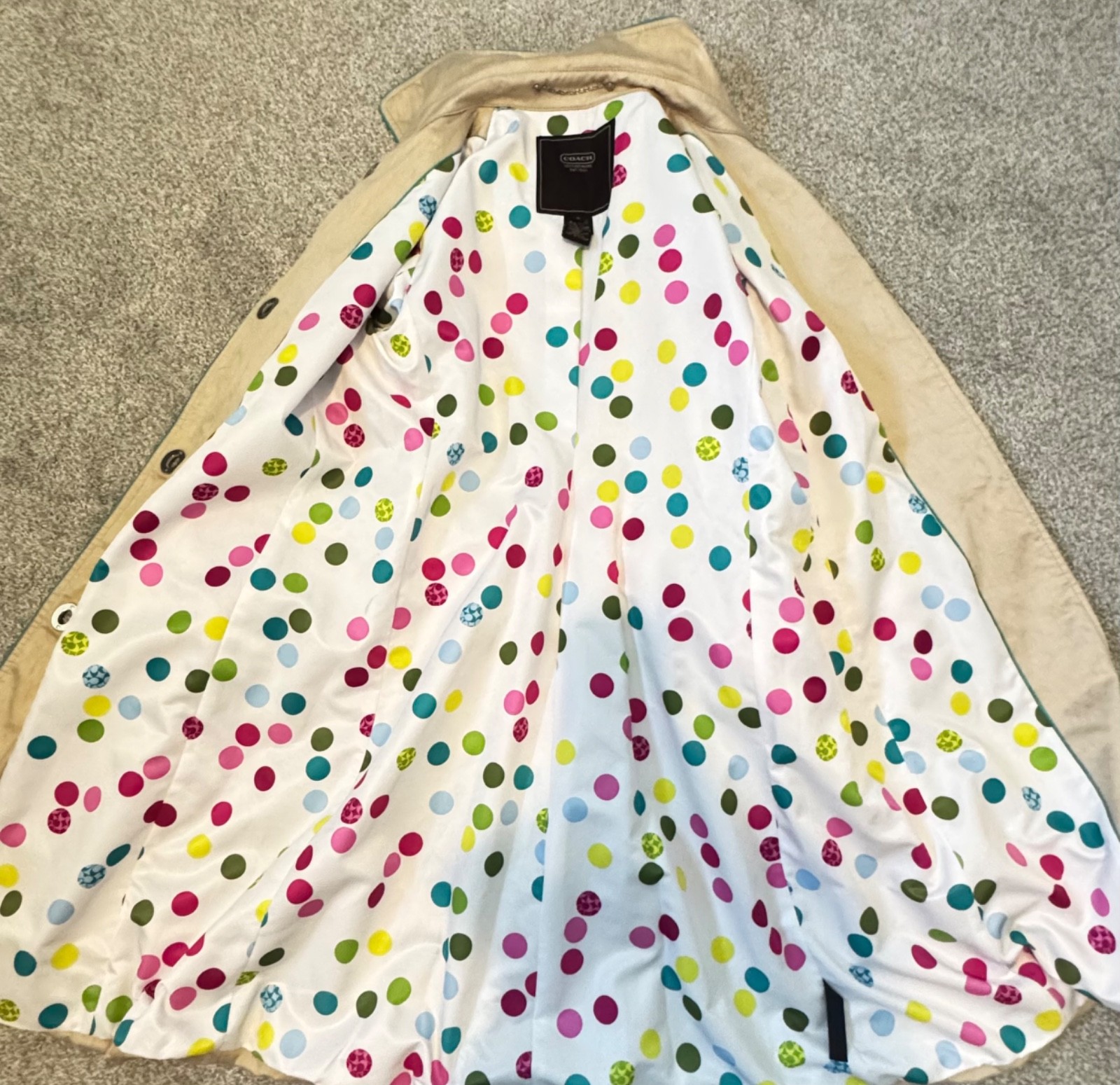Vintage Coach Trench Coat with Teal Leather Trim and Polka Dot Lining Size 4