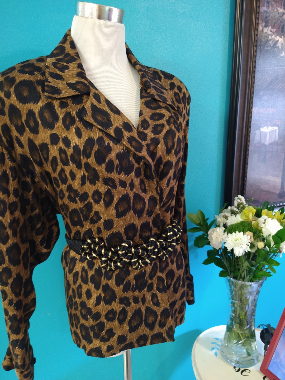 Vintage Anne Klein Silk Jacket 1980s Animal Print, Leopard Blazer Large