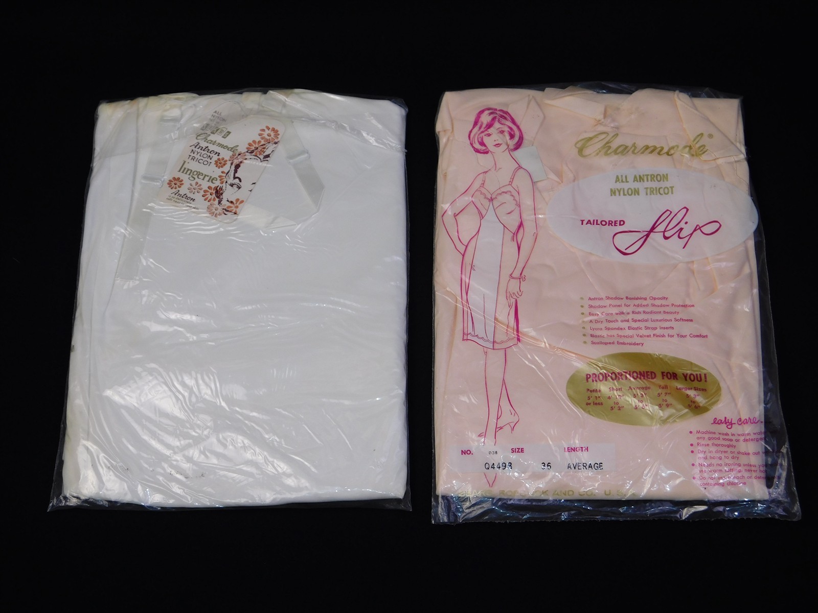 2 Vintage 1960s SEARS CHARMODE Peach White Nylon Tricot Full Slip Size 36 NOS