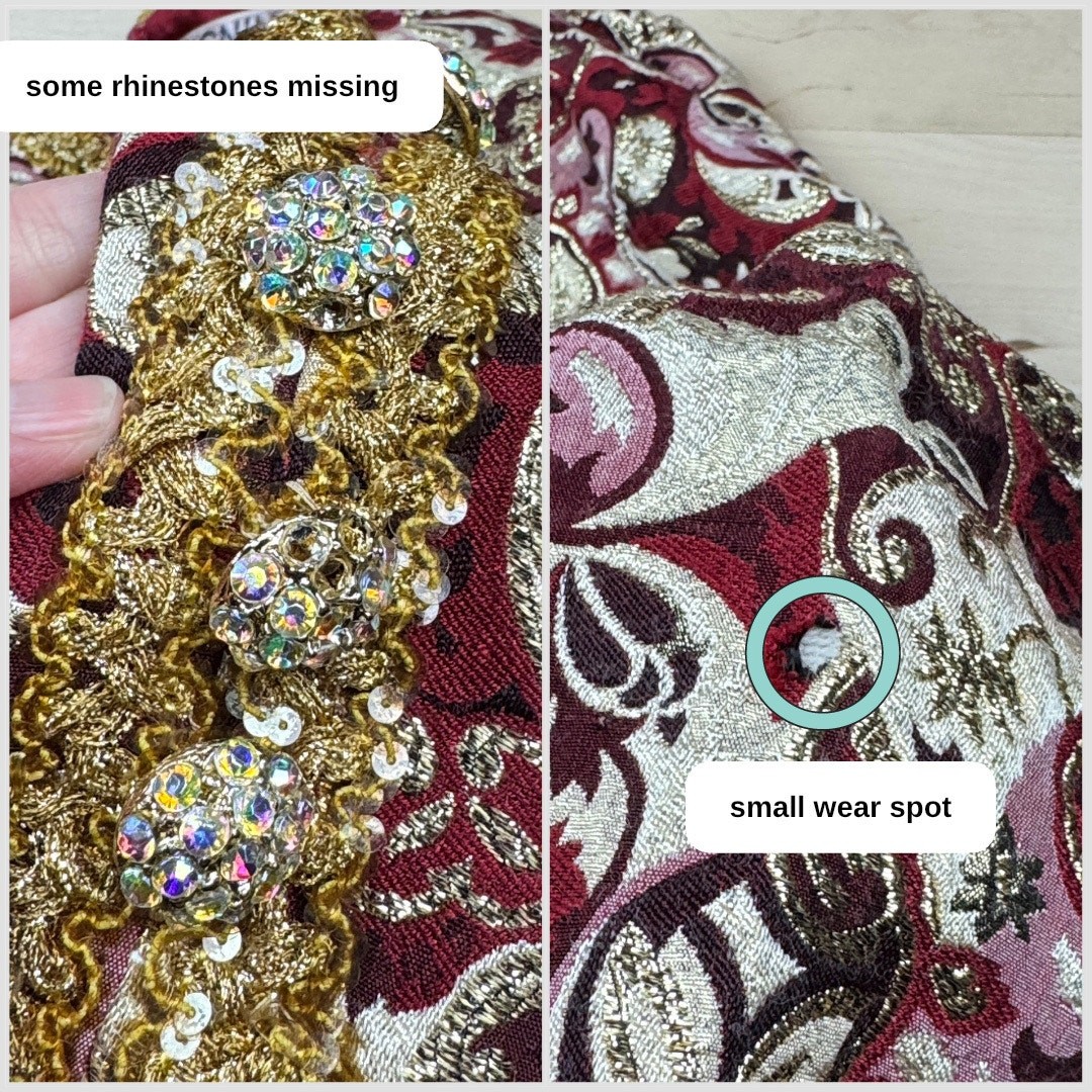 Vintage 1970s Metallic Gold and Maroon Floral Brocade Dress | 30″ Waist