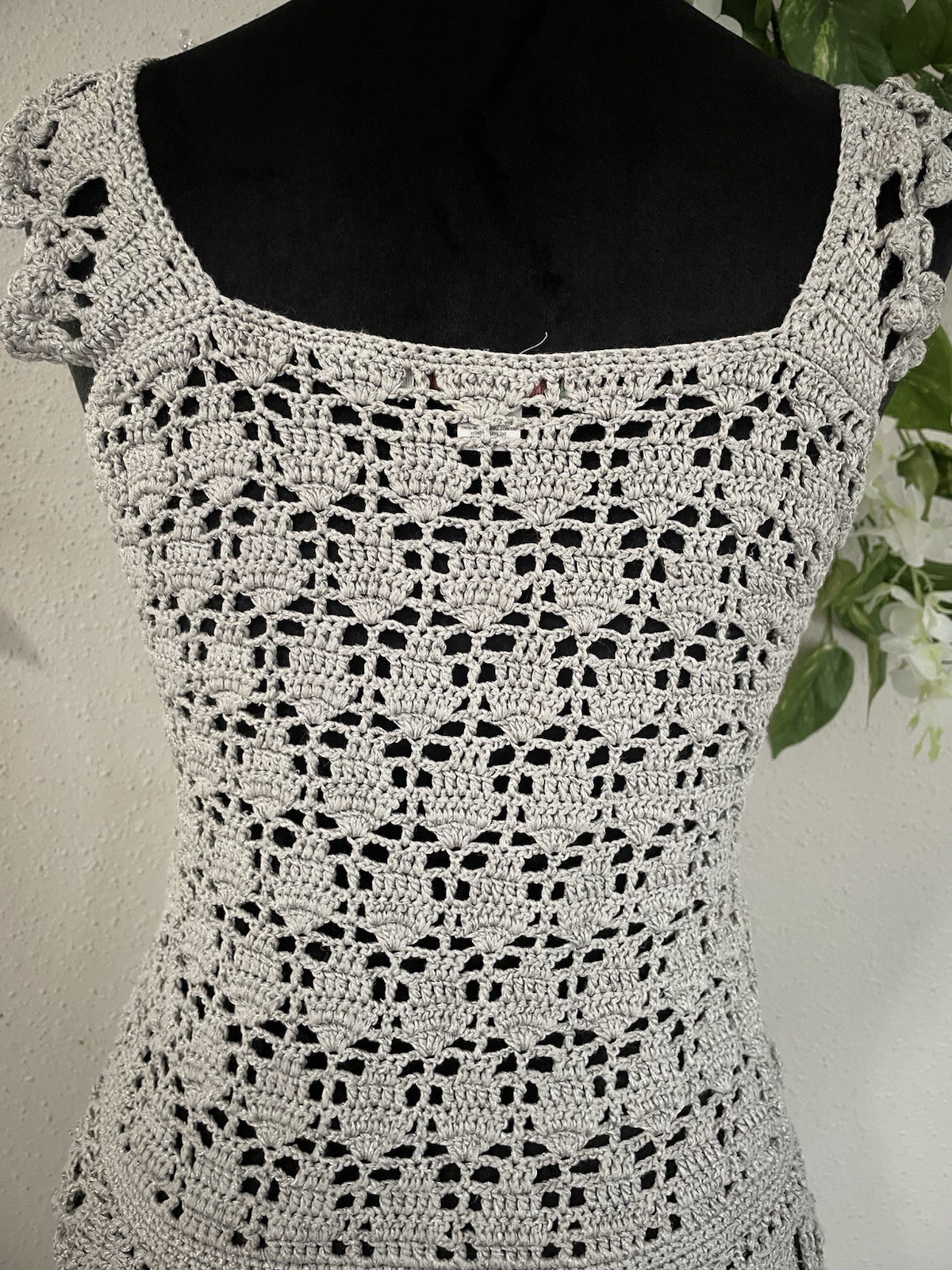 Vintage Crochet Vest Silk Boho Lace Metallic Silver Button-Up Festival Top M