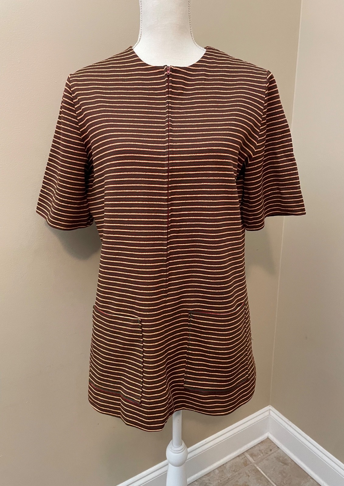 Vintage 70s Handmade Zip Front Tunic Top L Burnt Orange Green Striped Pockets