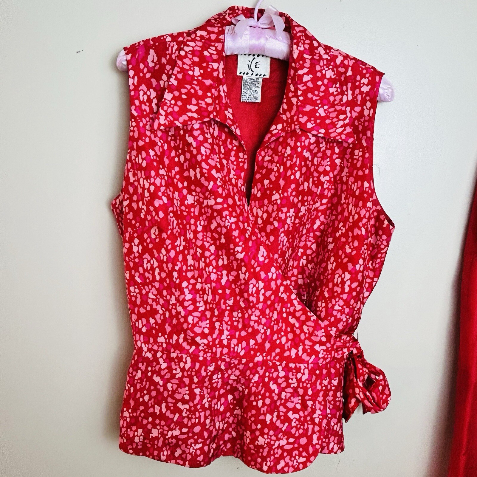 VTG 80s ICE 100% Silk Wrap Vest Blouse & Pants Set, Size 10 Pink Red Dots *read*