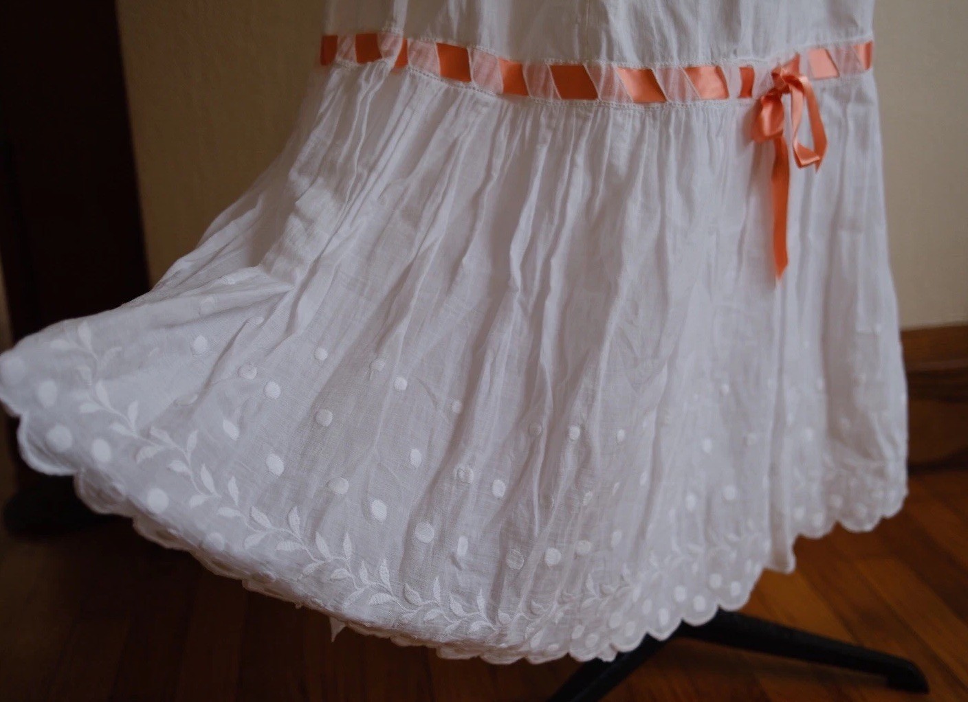 1900s Edwardian Petticoat Skirt With Ribbon, Embroidery and scalloped hem