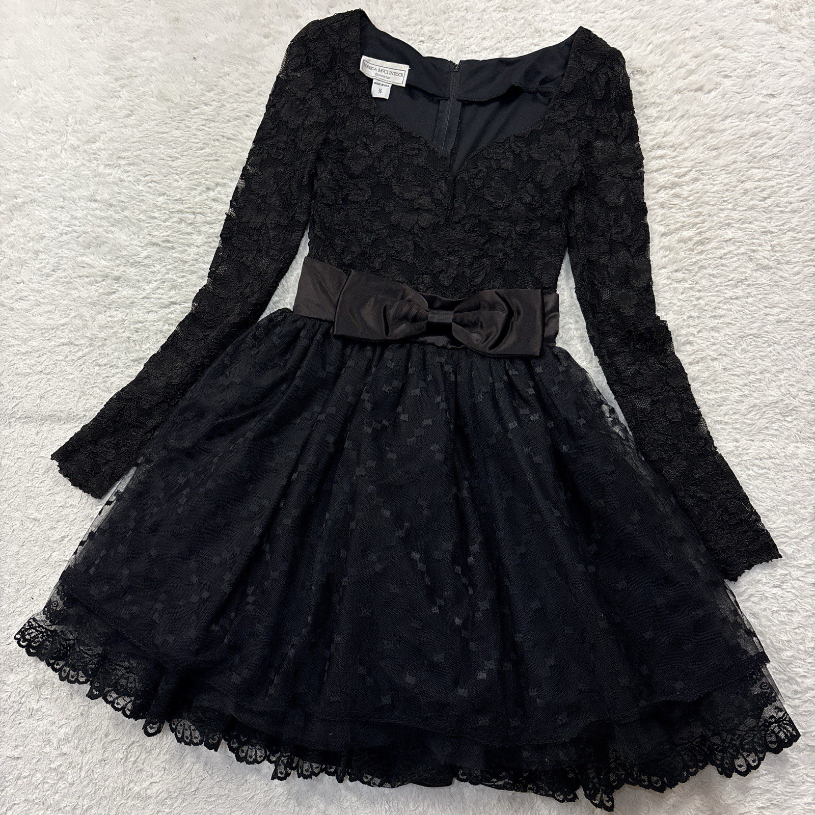 VTG JESSICA McCLINTOCK GUNNE SAX Lace tulle flare dress　Black ribbon USA