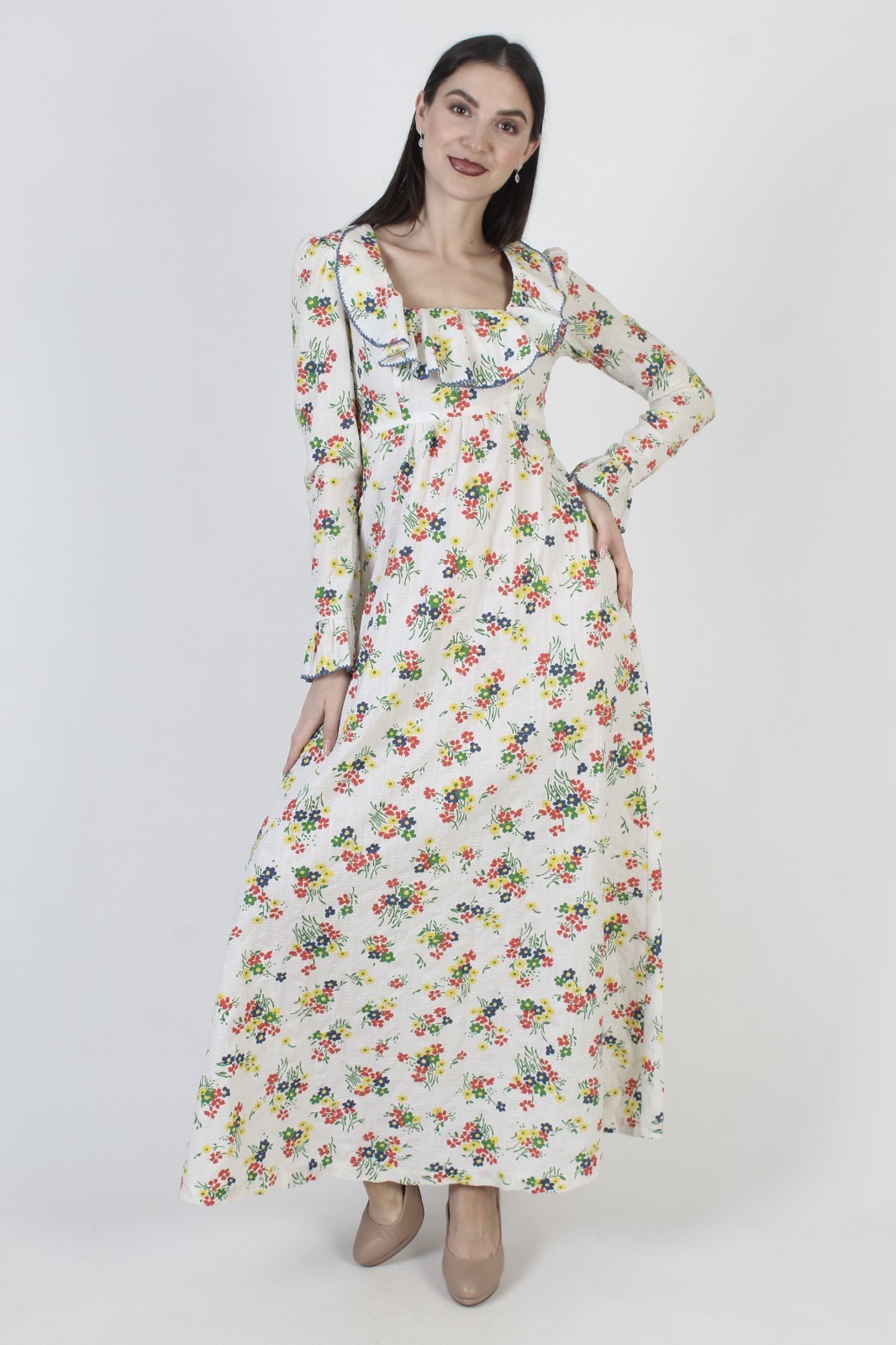 Vtg White Floral Prairie Dress 70s High waist Cottagecore Boho Peasant Gown