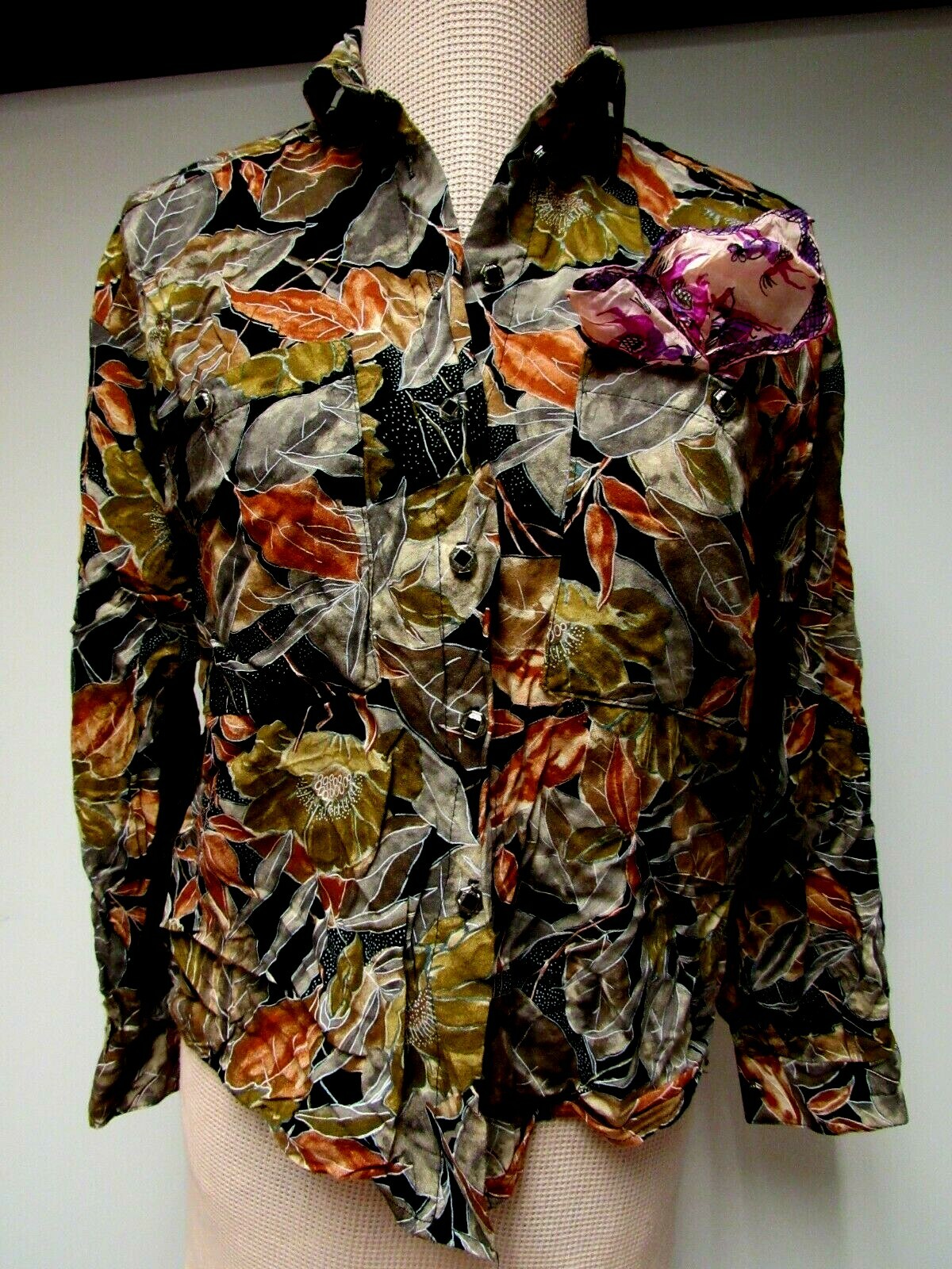 VTG OUTBACK RED Blouse Top Enamel Buttons Floral Black Tobacco Taupe Brown M EU