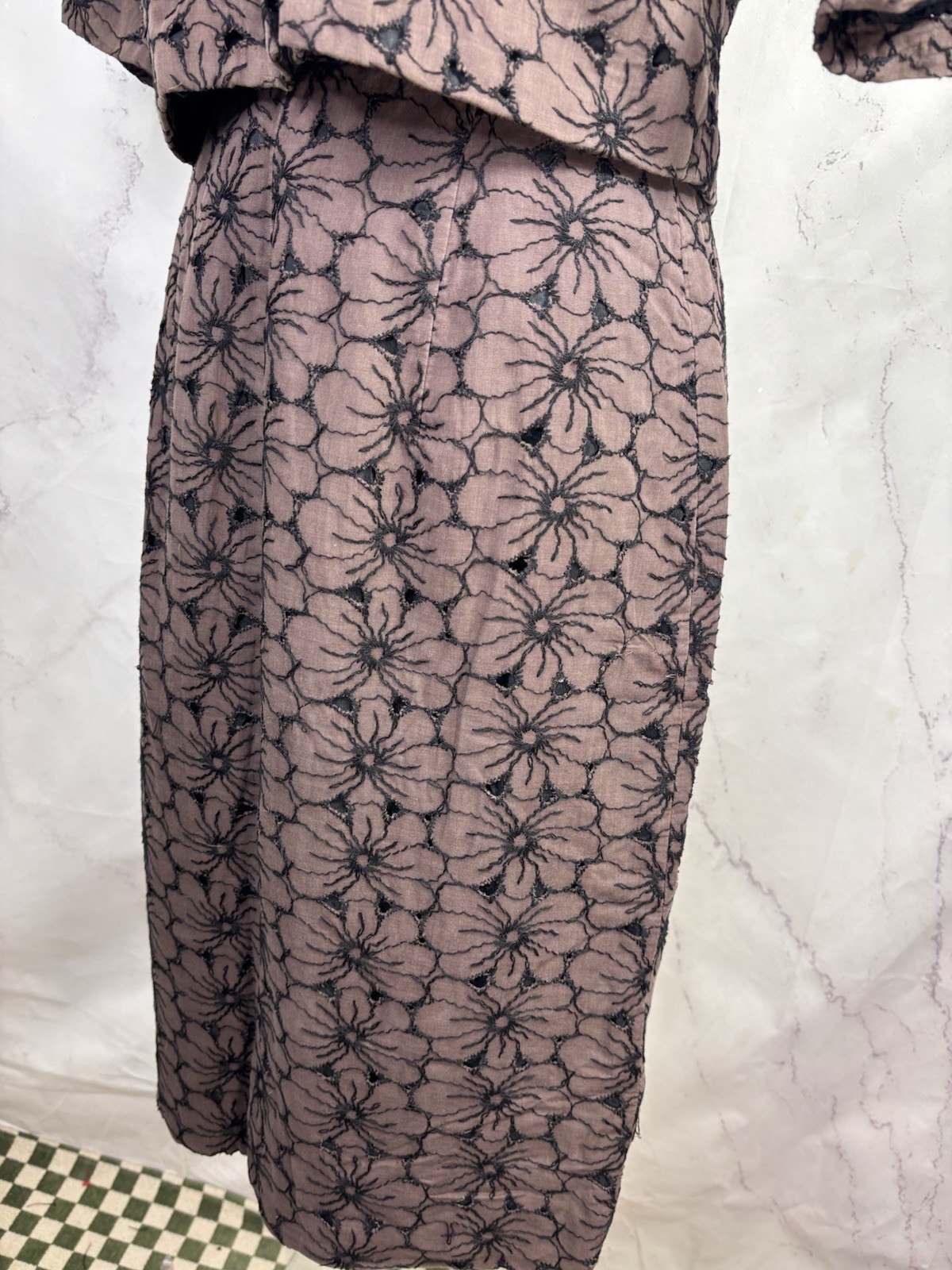 VTG 50s Union Label Floral Skirt Suit Set Brown Black MCM Wiggle Mad Max S 1950s