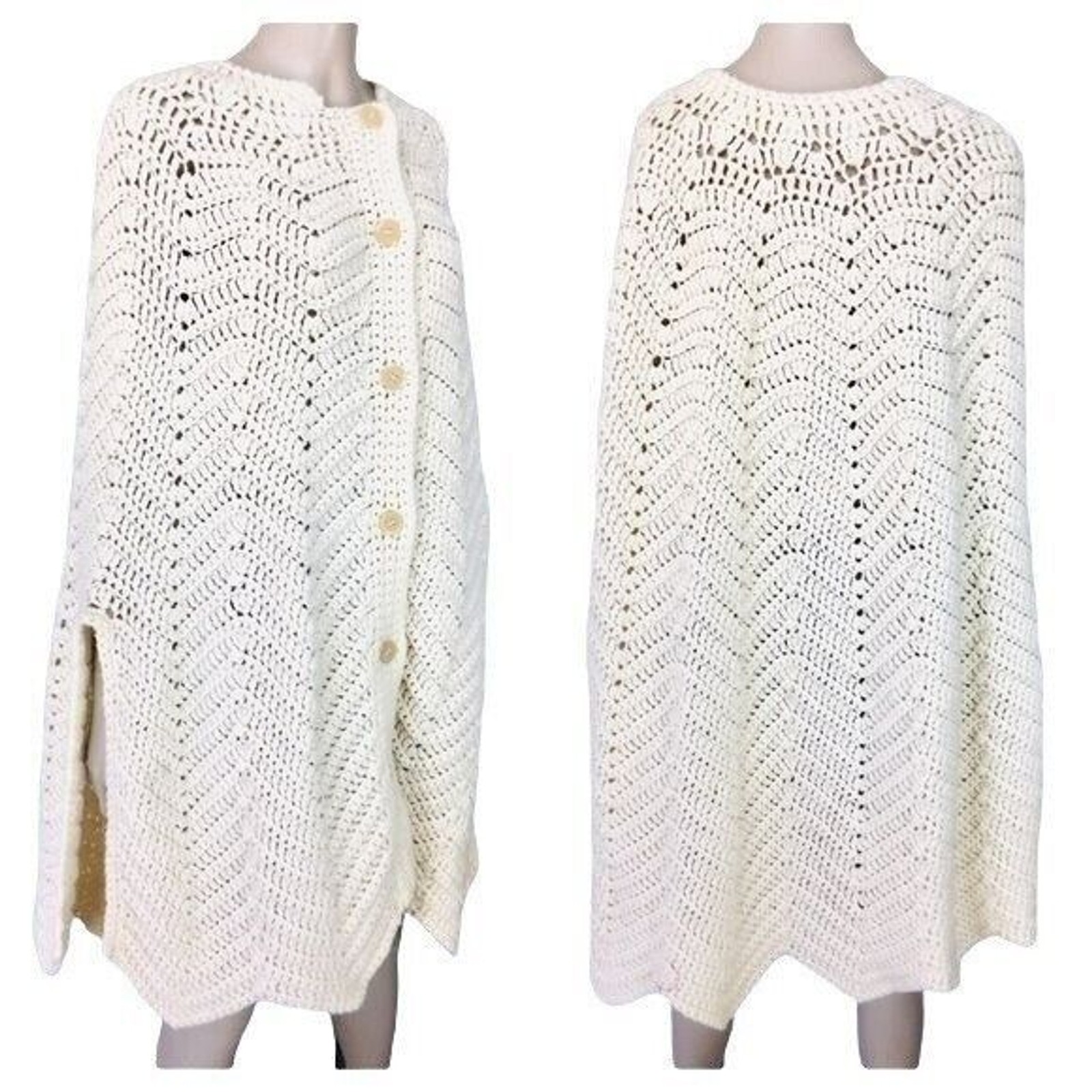 Vintage 70s Boho Hippie Creme Crochet Knit Bohemian Poncho Cape Long Sweater