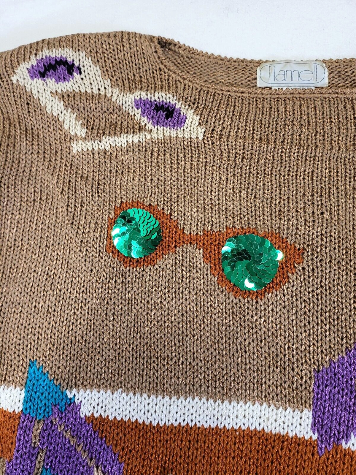 VTG NANNELL Beach Theme Hand Knit Sweater Sunglasses Palm Tree Sunbather Medium
