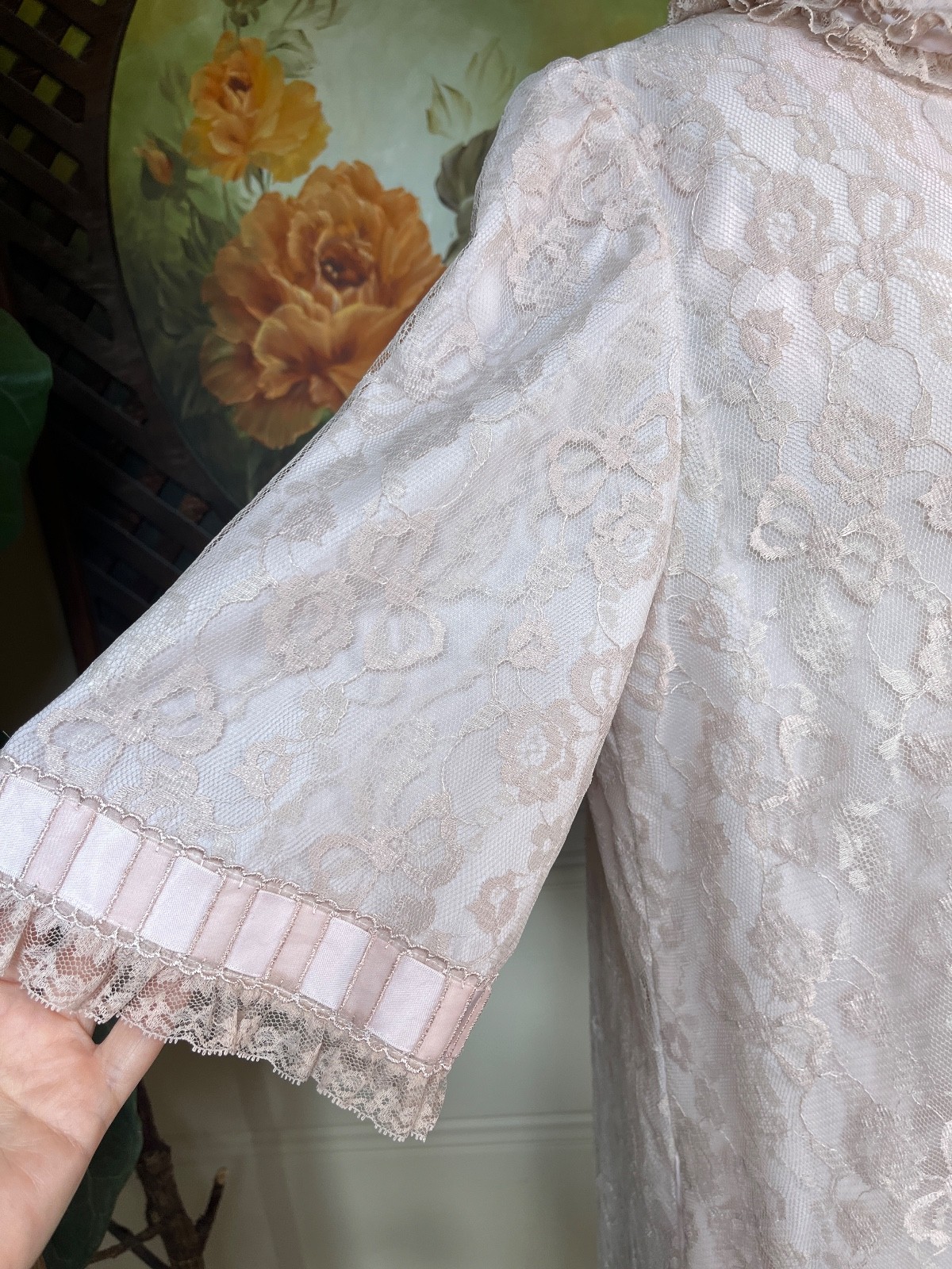 VTG Odette Barsa Floral Lace Robe & Pink Chiffon Nightgown Peignoir Coquette M/L