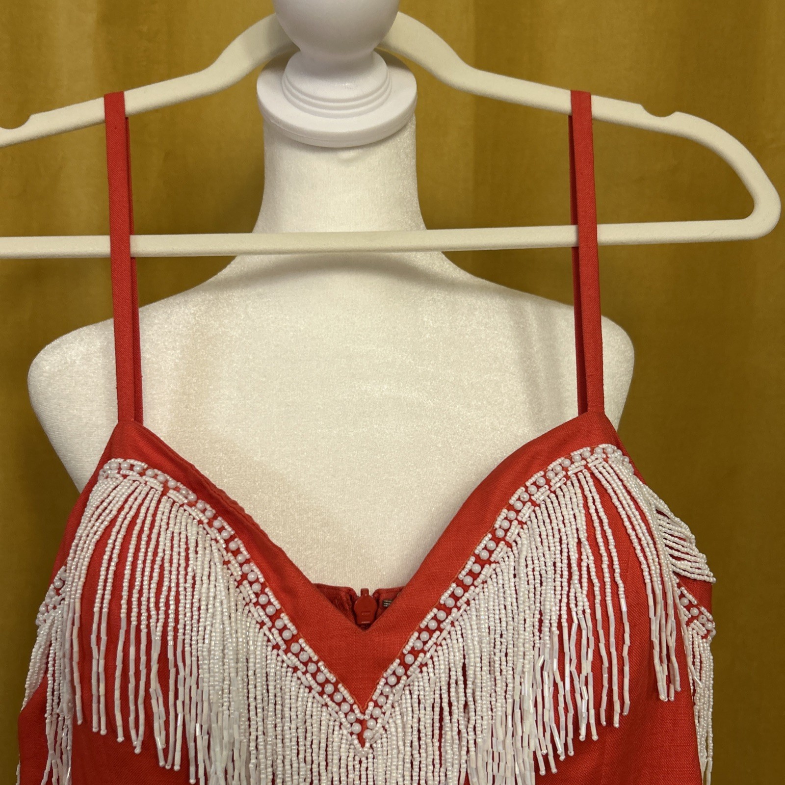 Vintage Pia Rucci Dress Red Linen Short White Beads Fringe Party 10 Medium 6/8