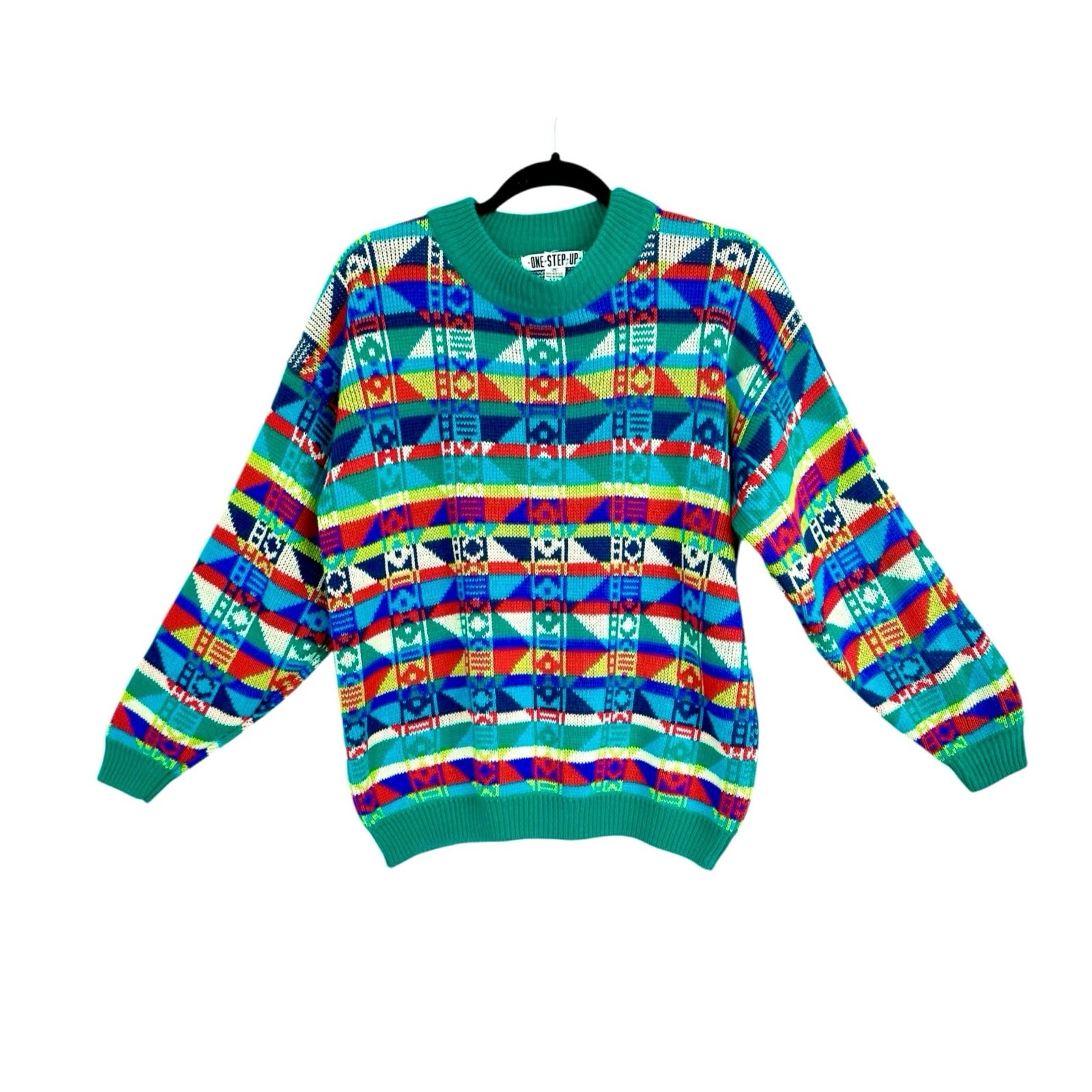 Vintage One Step Up Geometric Sweater Multi chunky 80s 90s Women’s Size Medium