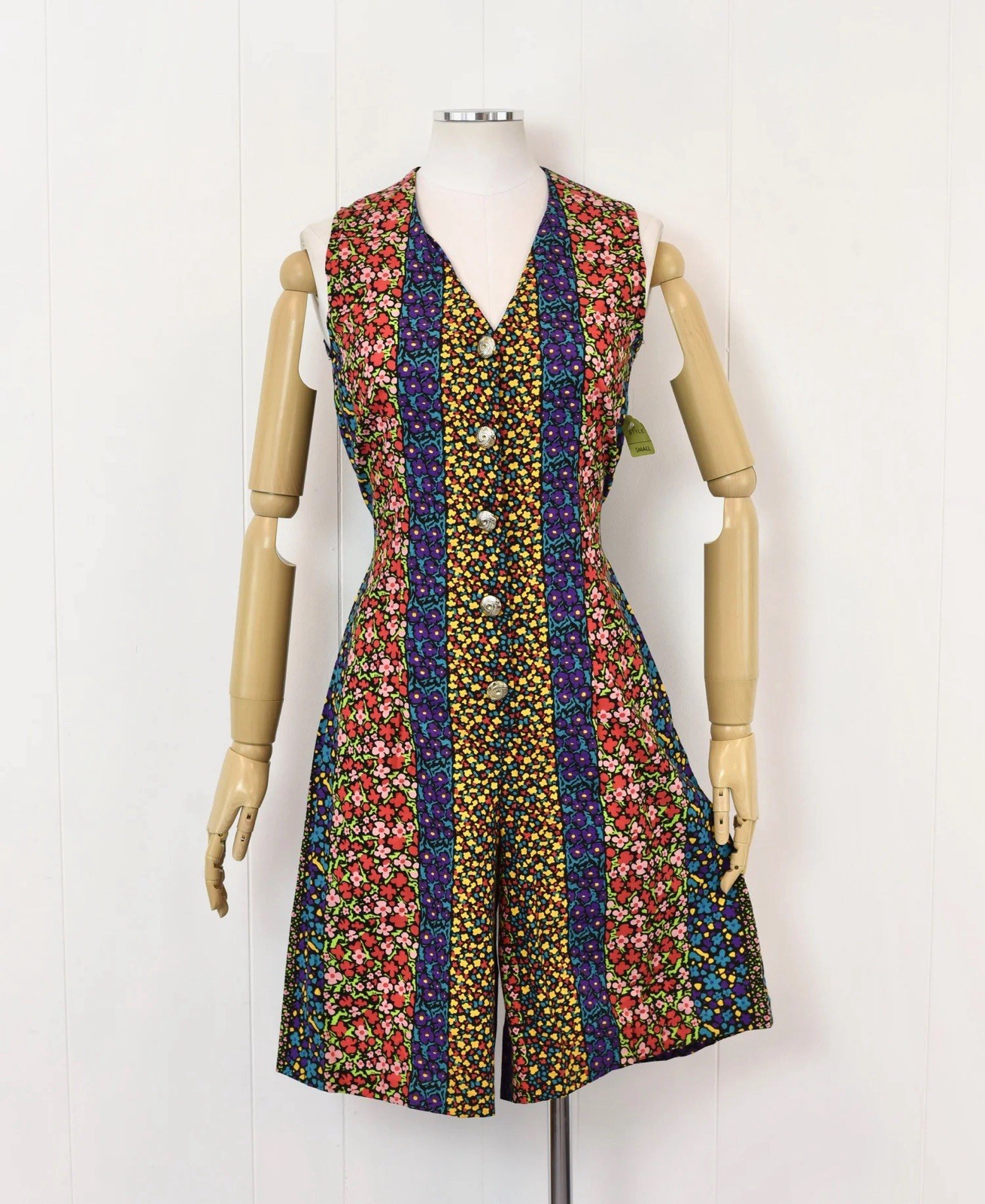 Vtg 80s Floral Colorful Cotton One Piece Romper Jumpsuit Deadstock with Tag
