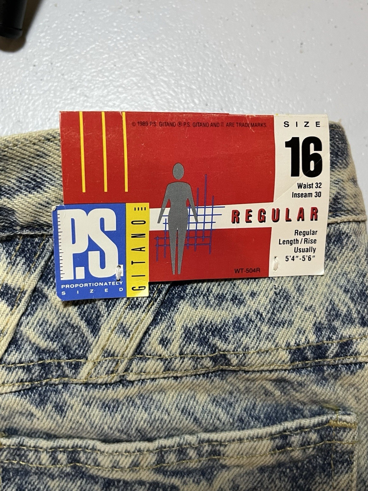 NEW VINTAGE 1989 PS Gitano ACID WASHED Women 16 32×30 Denim Blue Jeans USA MADE