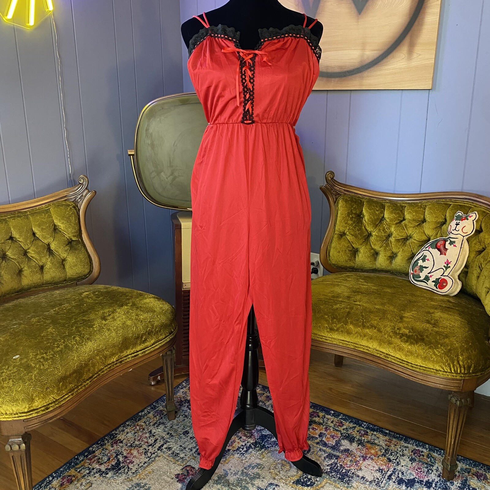 Vintage 70s Lady Cameo Lingerie Harley Quinn Red and Black Lace Nylon Jumpsuit