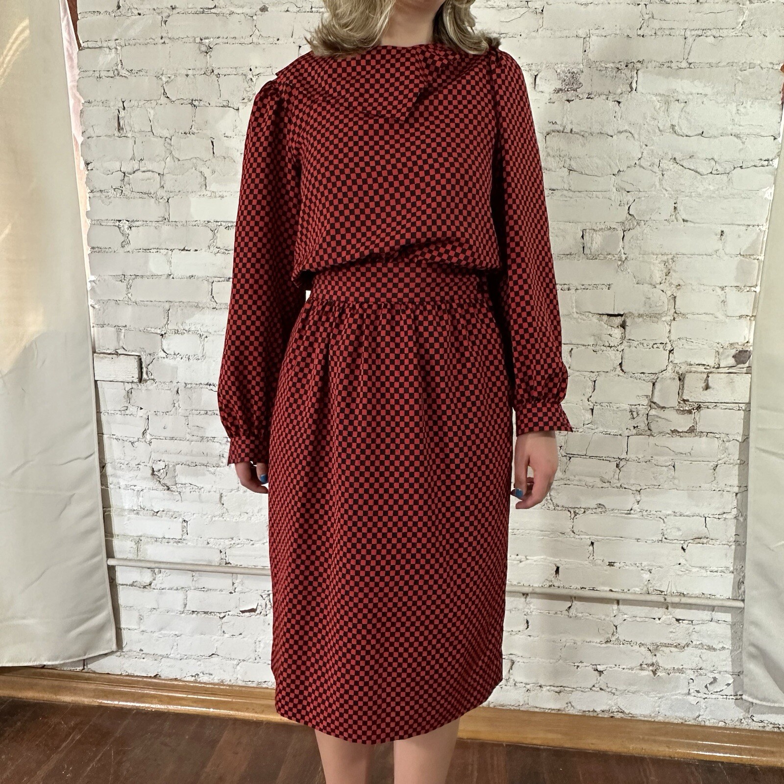 Vintage Albert Nipon Executive Dress 80’s Secretary Red Black Checkerboard S/M