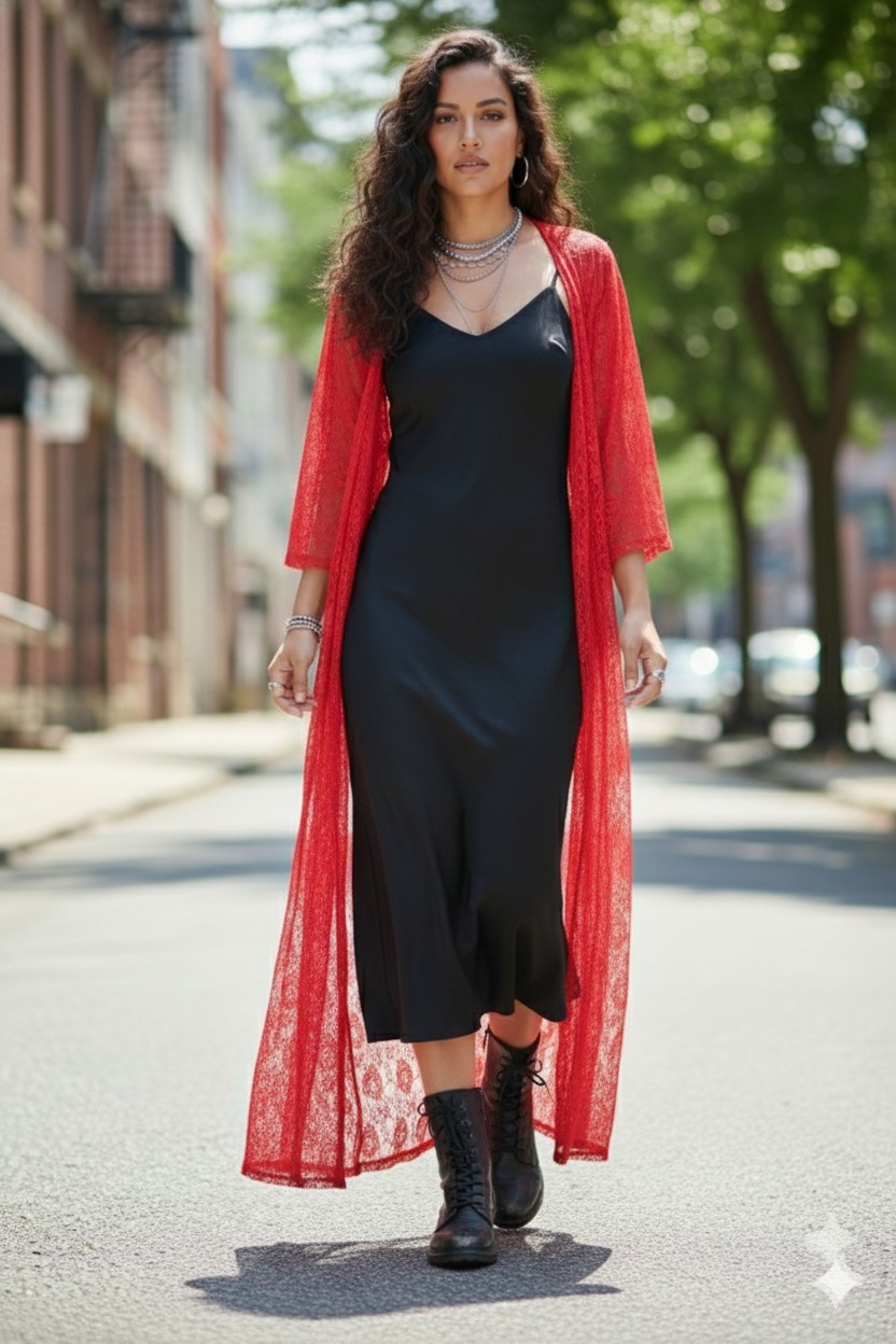Vintage Glydons Red Lace – Kimino – Maxi Robe – Duster- Festival Outfit – Small