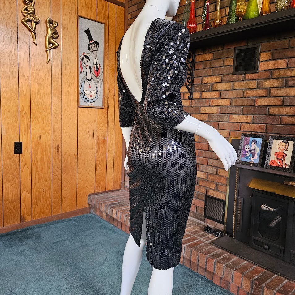 Vtg 80s Disco Oleg Cassini Sequin Backless Formal Evening Cocktail Party Dress S