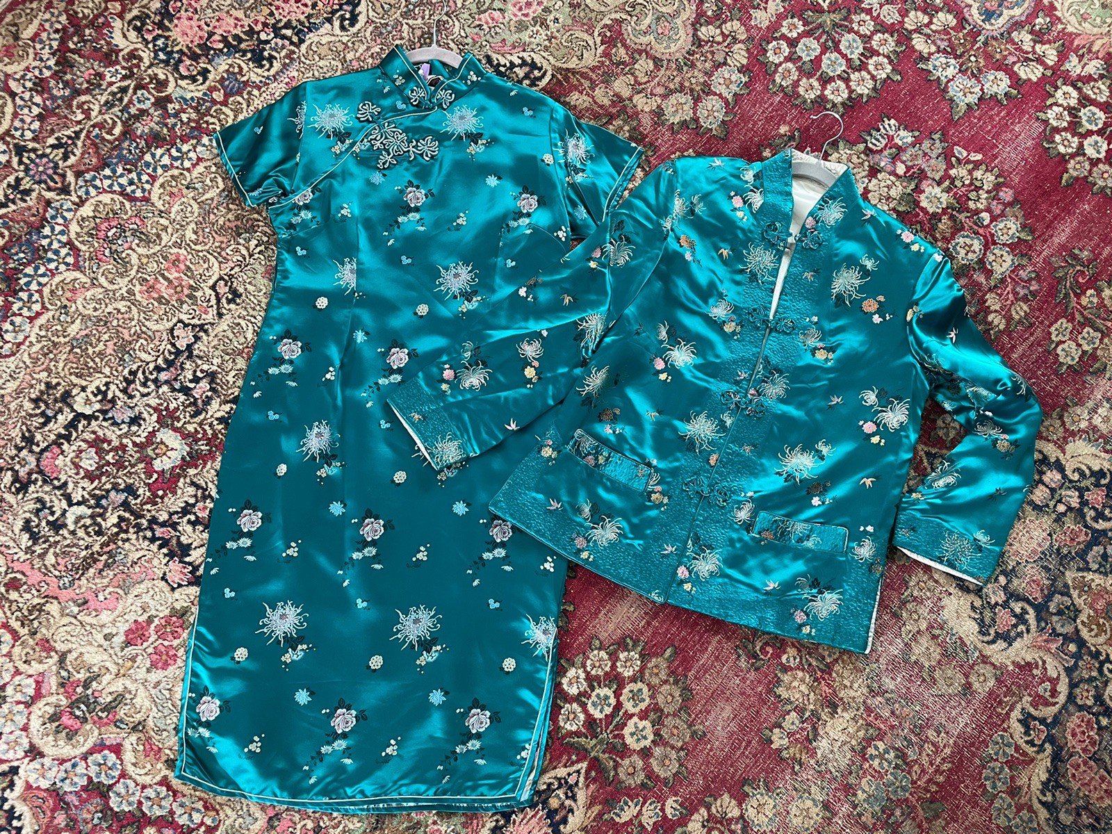 Vintage 50s Solz Squirrel Turquoise Satin Brocade Cheongsam Dress Jacket Set M/L