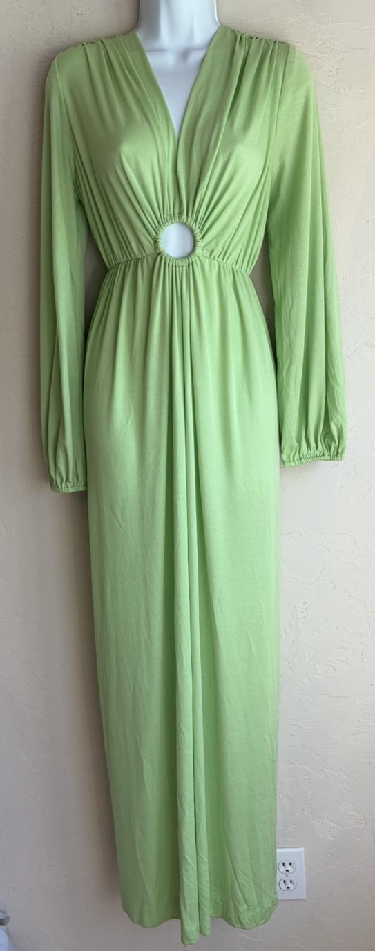 Vintage 1970s Gloria Moret Lime Green Maxi Dress S M Cut Out Disco Goddess Gown