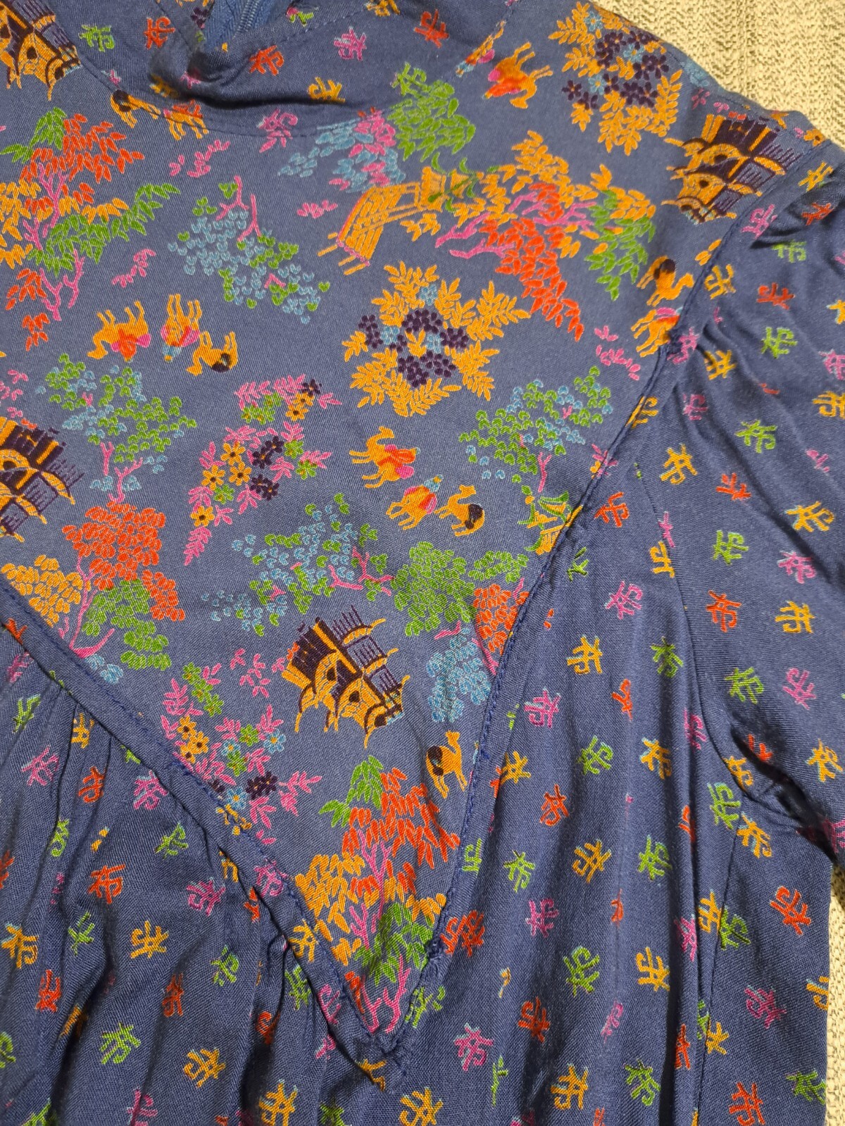 Vtg HUMMELSHEIM 1970s Long Sleeve Stand Collar Asian Pattern Blue Dress Sz 36