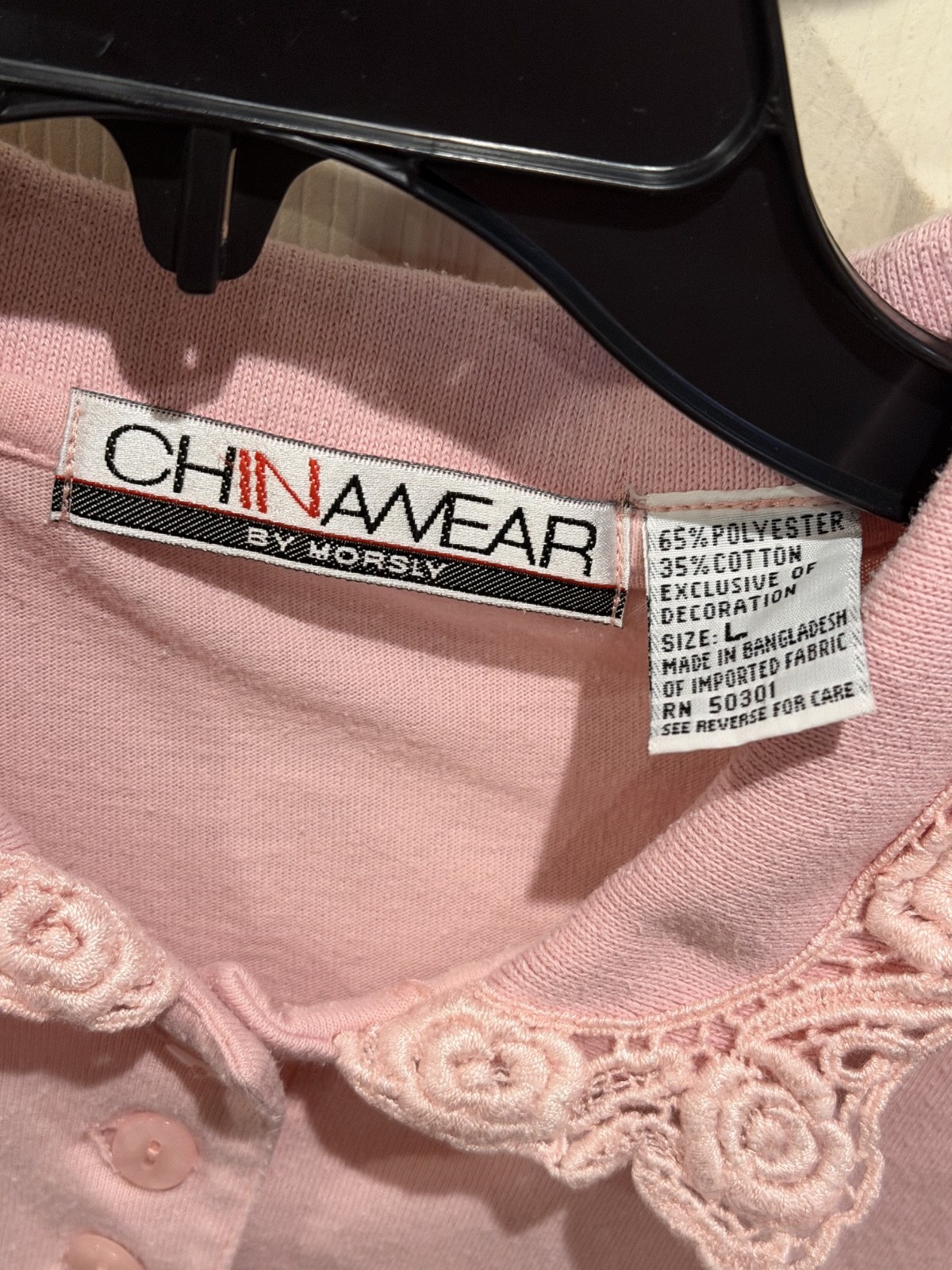 Vintage 80s Chinawear by Morsly Pink Knit Top Lace Collar Henley Shirt Womens L