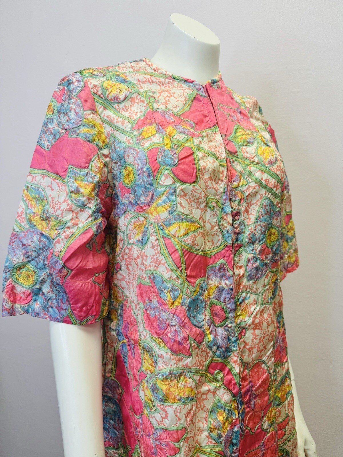 VTG RARE Caftan Kaftan Loungewear night Gown Dress robe glo pink floral zip S/M
