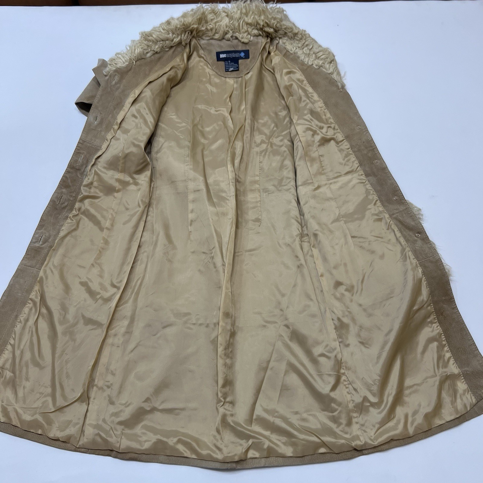Vintage Blue Asphalt Penny Lane Coat Tan Suede Leather Faux Fur Trim size Small