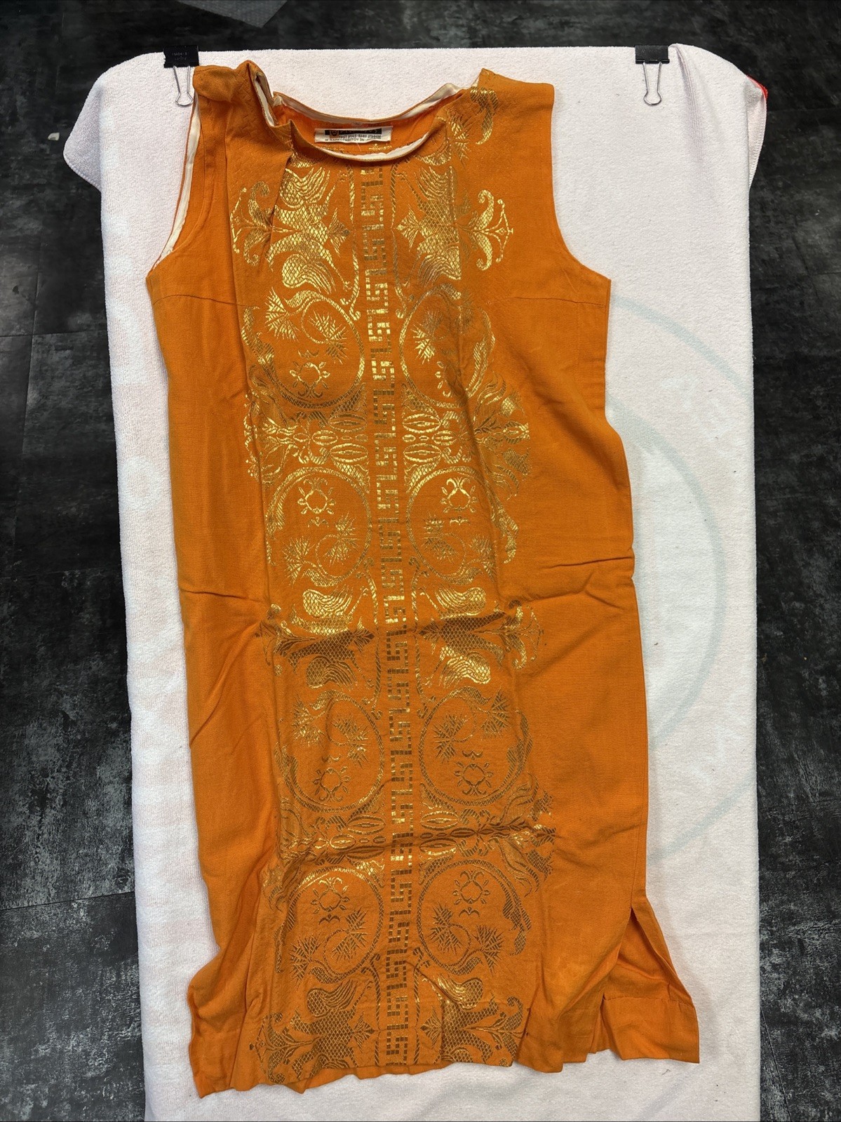 Vtg 1970 Caftan Kaftan Boho Dress Gold Embroidery Orange Glamorous Greece 48