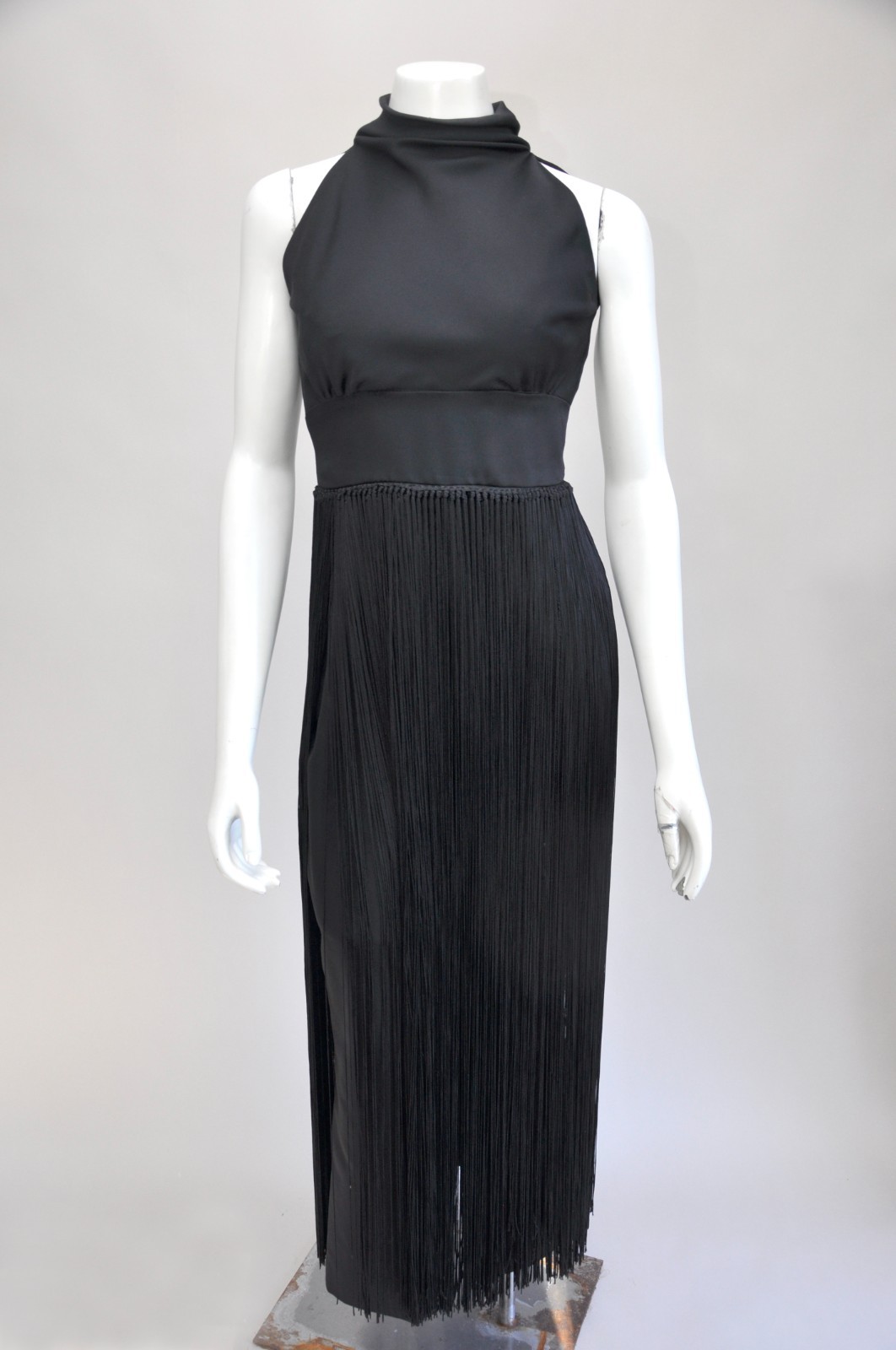 Vintage 1960s Black Sleeveless Fringe Maxi Party Dress w/ Halter Neck XS