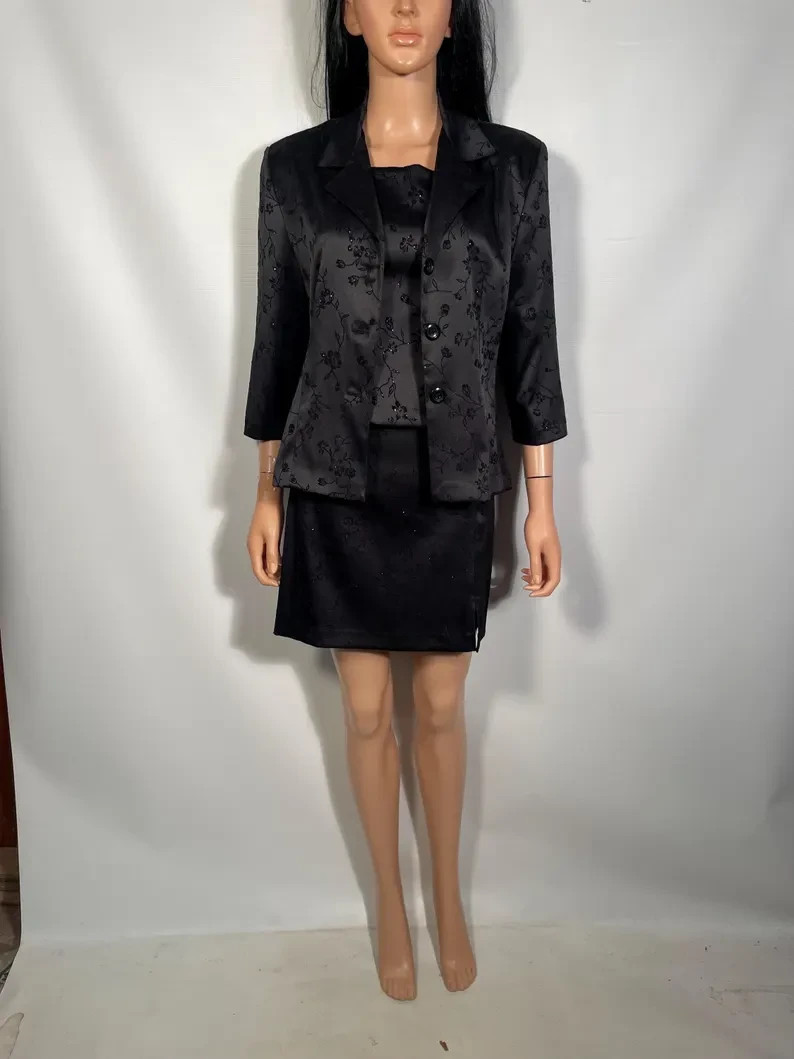 90s Black Satin 3 Piece With Flocked Velvet Glitter Floral Size 11/12 M 30/31 W