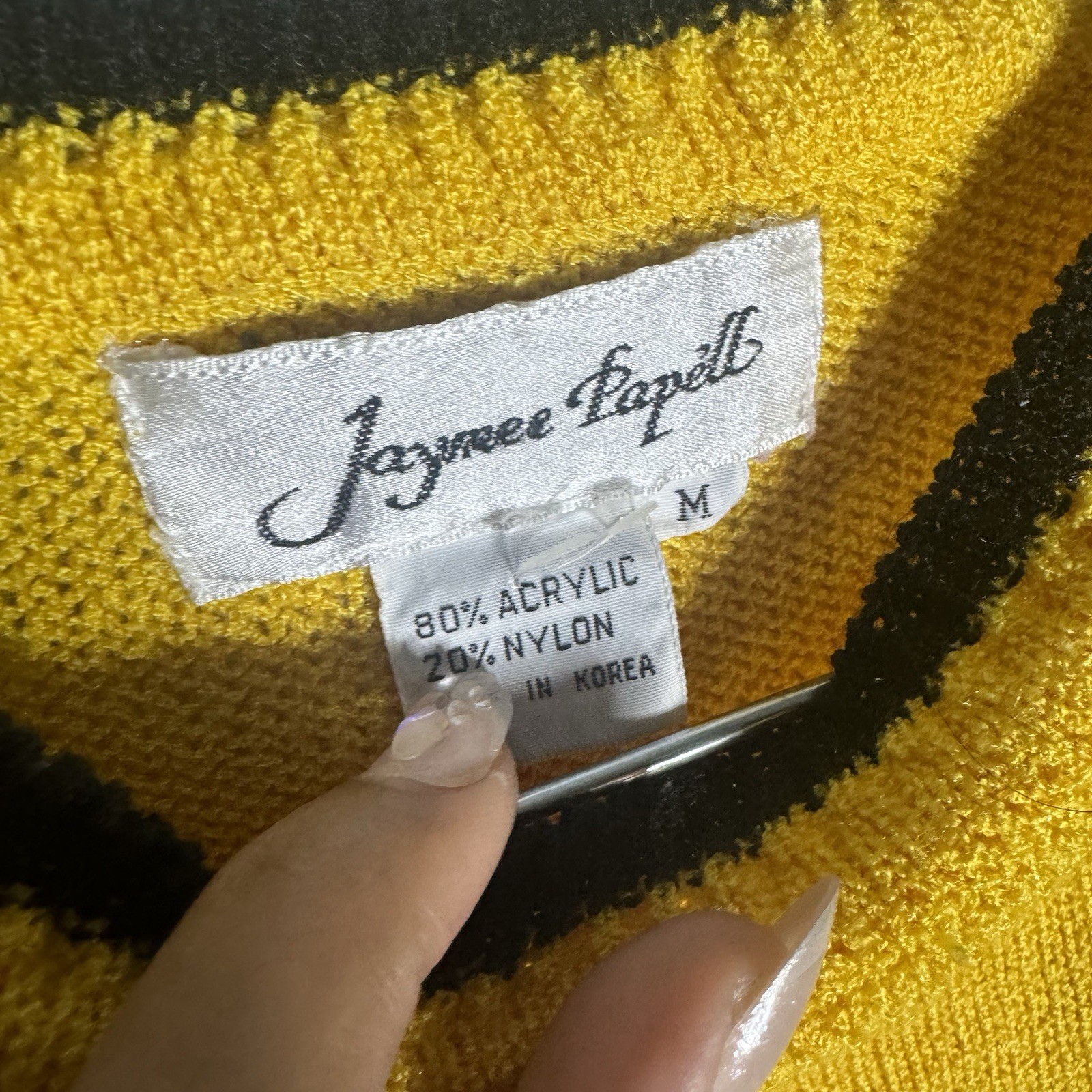 80s 90s Jaymee Papell Yellow blue geometric funky Satin Sleeve sweater Size M #2
