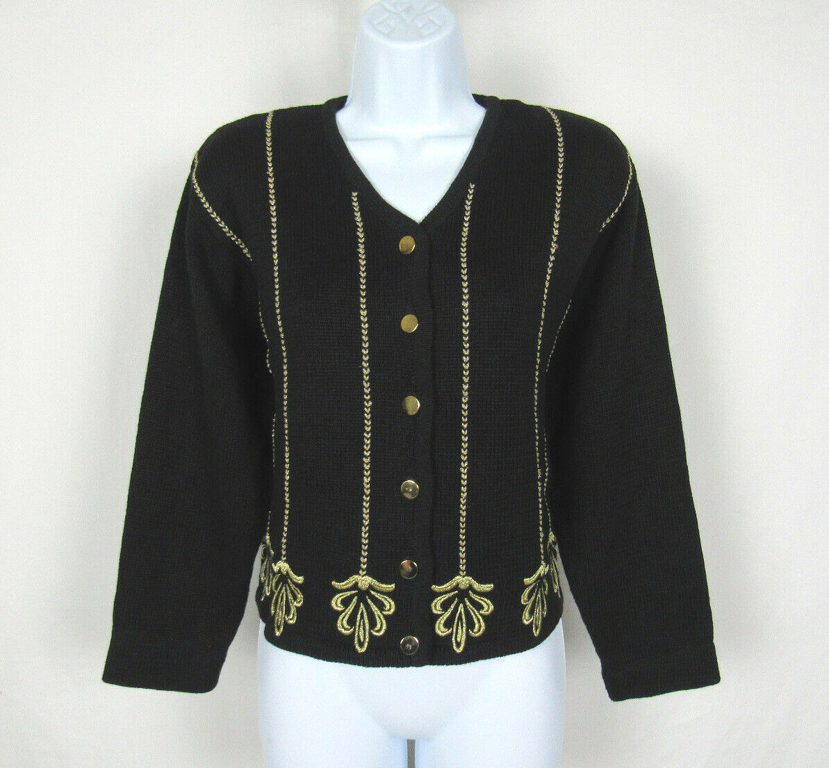 VTG 1980s LISE J. BLACK COTTON RAMIE MEDIUM GOLDEN EMBROIDERY GOLDEN BUTTONS