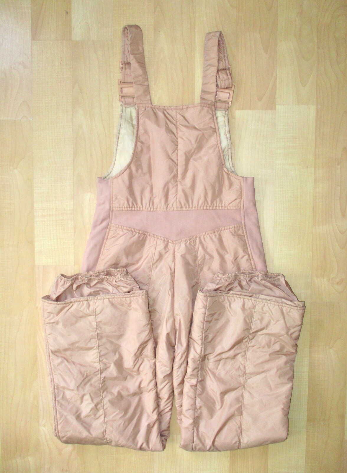 Vtg 70s Ellesse Beconta tan nylon puffer ski bibs jumpsuit adjustable Women’s 14