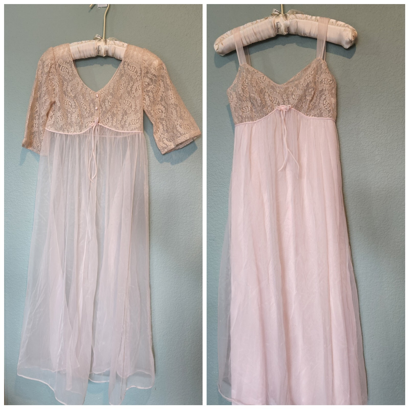 LISETTE S-M VTG 50s 2 pc SET PEIGNOIR Pink Lace Chiffon NYLON Robe Nightgown