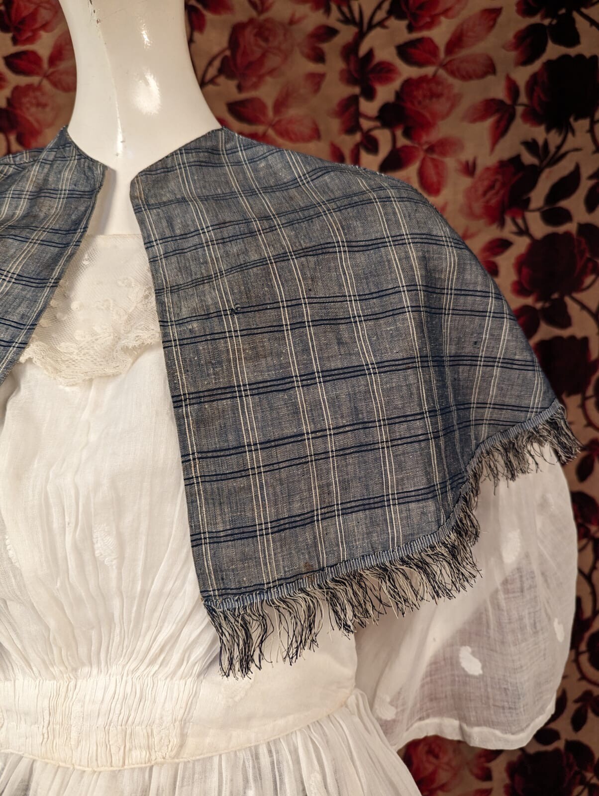 MID 19TH C BLUE GREY PLAID PELERTINE CAPE FOR DRESS W SILK FRINGE TRIM