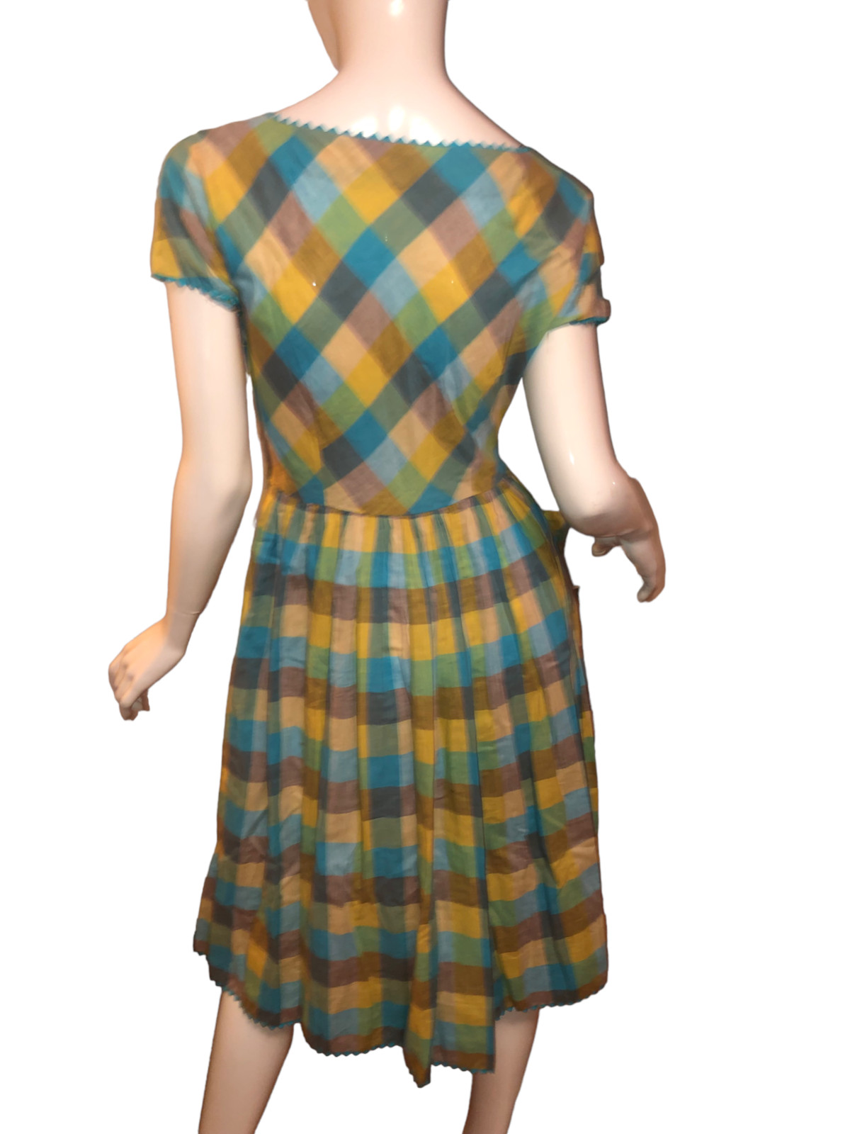 Vtg 40s 50s Cotton GINGHAM PLAID Print FIT FLARE Full Skirt PICNIC DAY Dress S