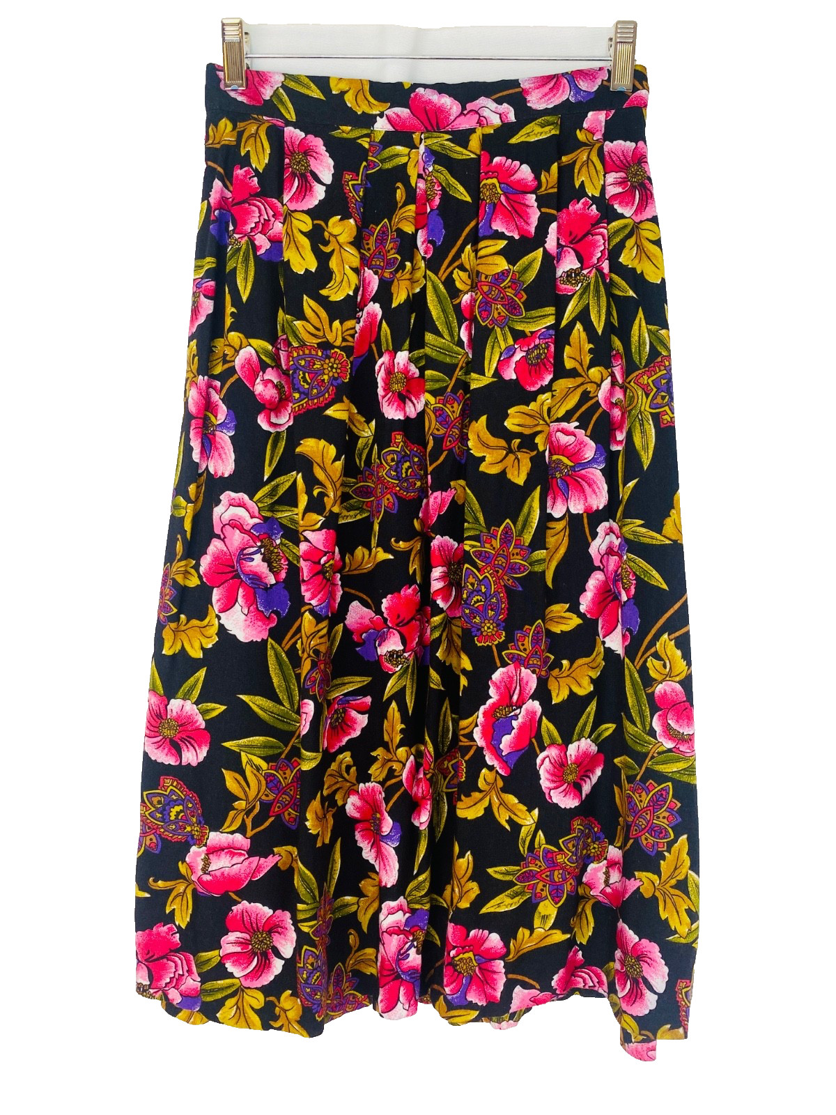 Vintage 1990s pink floral midi skirt S rayon black green pockets paisley