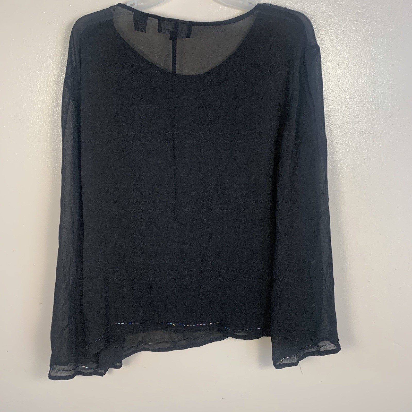 VTG Carole Little 100% Silk Sheer Beaded Blouse Black Sz 16