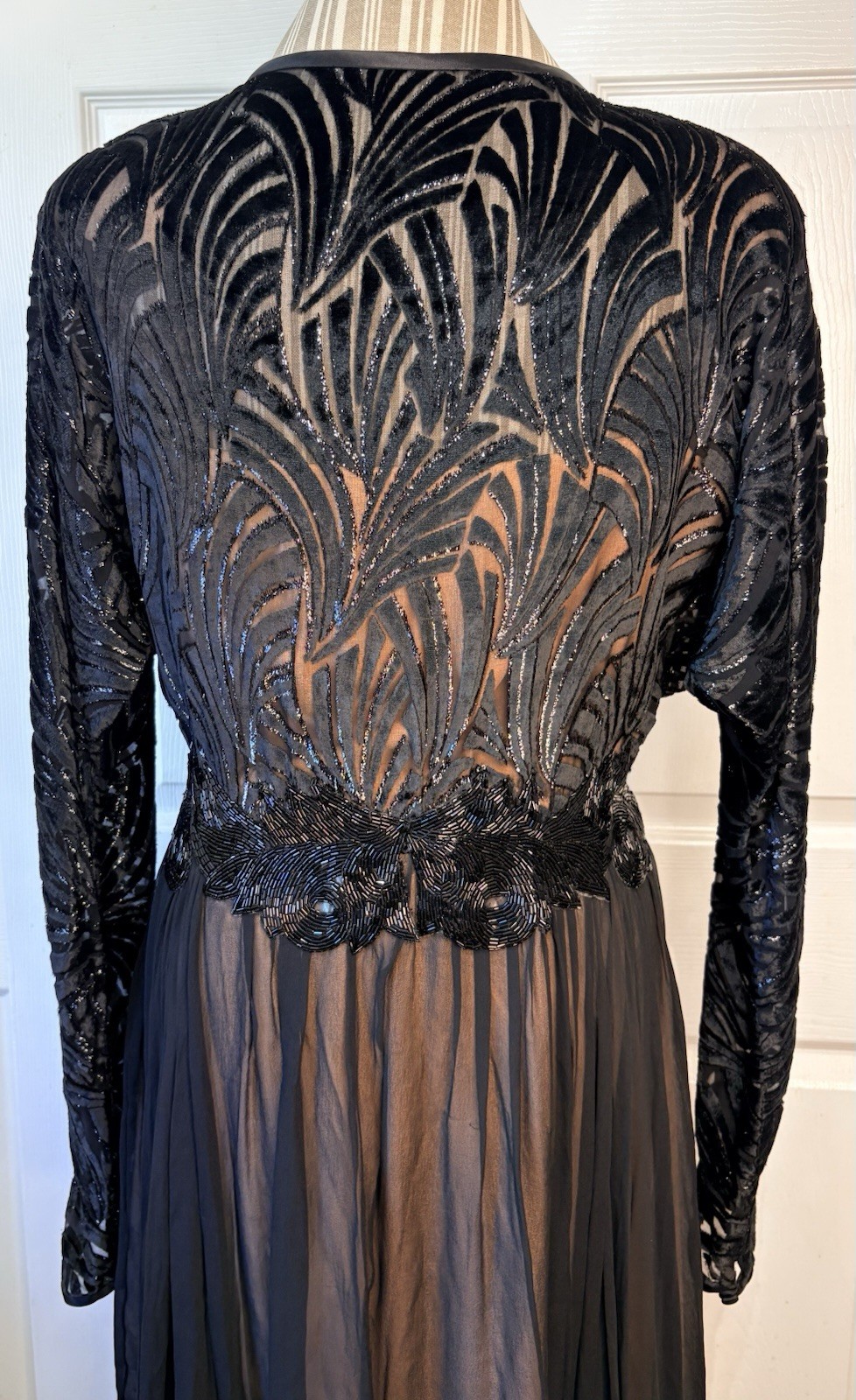 80s NOLAN MILLER Dynasty Black Velvet Burnout 100% Silk Art Deco Gown Size 12/14