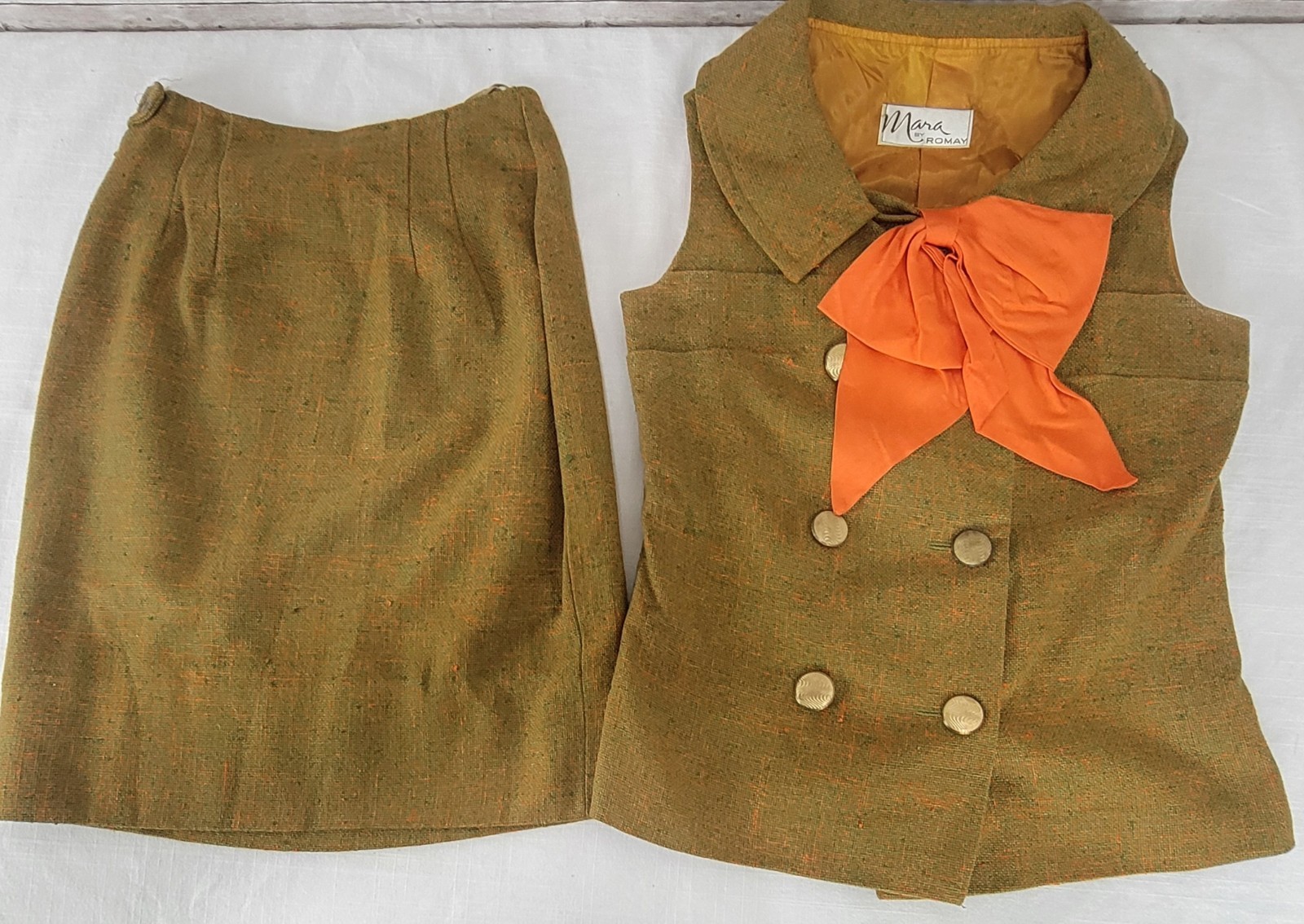 Vintage 60s Mara by Romay Skirt & Vest Suit Set XXS Olive Green Orange Bow Nubby