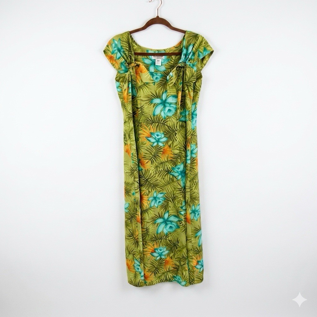 Miss Dorby Petite Tropical Floral Midi Dress Green Blue Hibiscus Bow Shoulder 8P