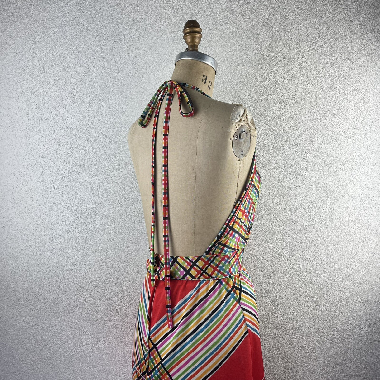 Vintage l 70s S Claire Larabee Colorful Rainbow Plaid Striped Halter Maxi Dress