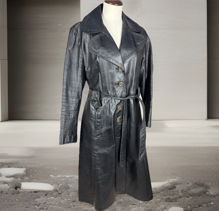 Womens Black Leather Trench Coat 1970s Leathercraft Process of America Goth